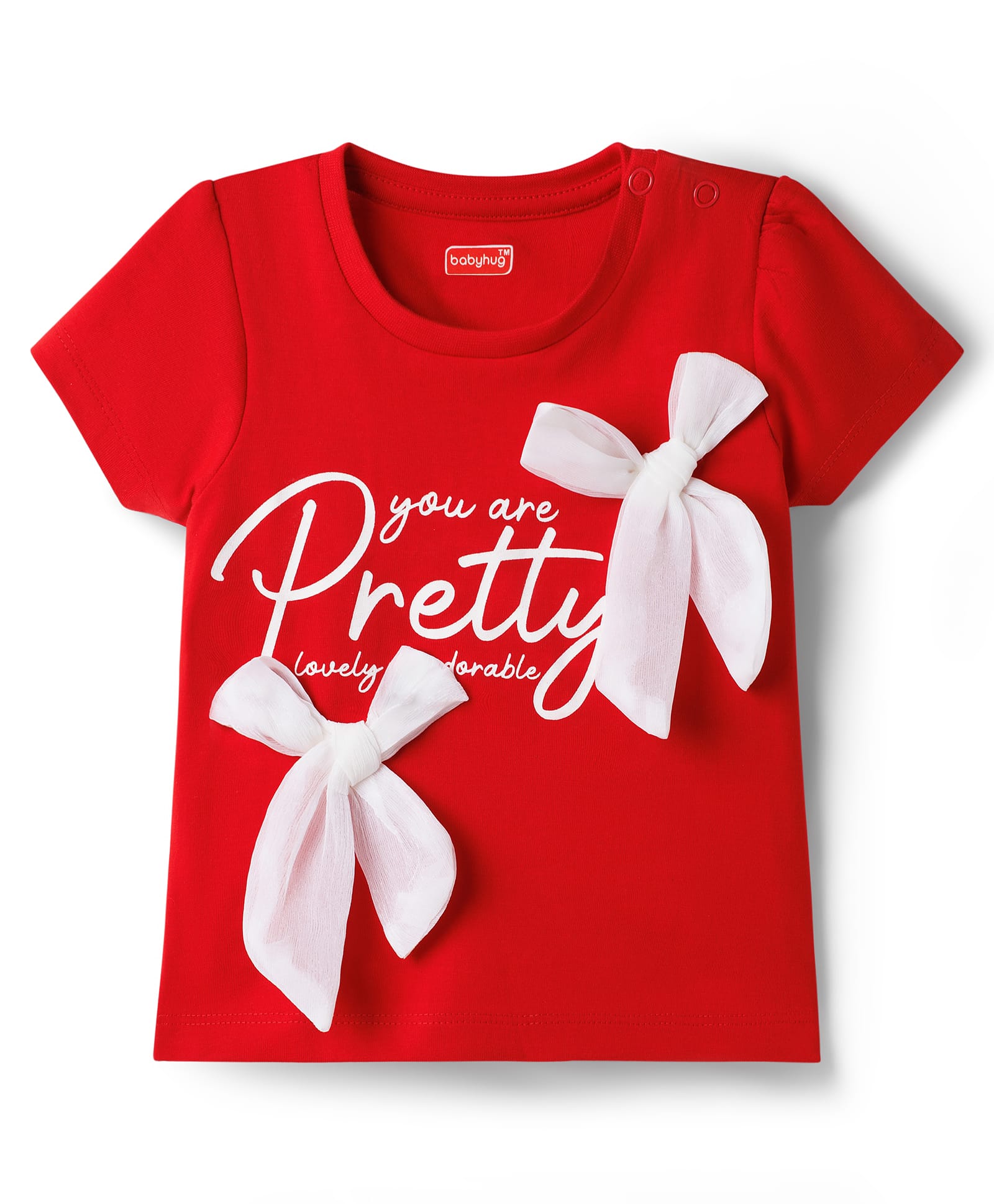 Babyhug Cotton Knit Half Sleeves T-Shirt with Text Print & Bow Applique - Red-image-46