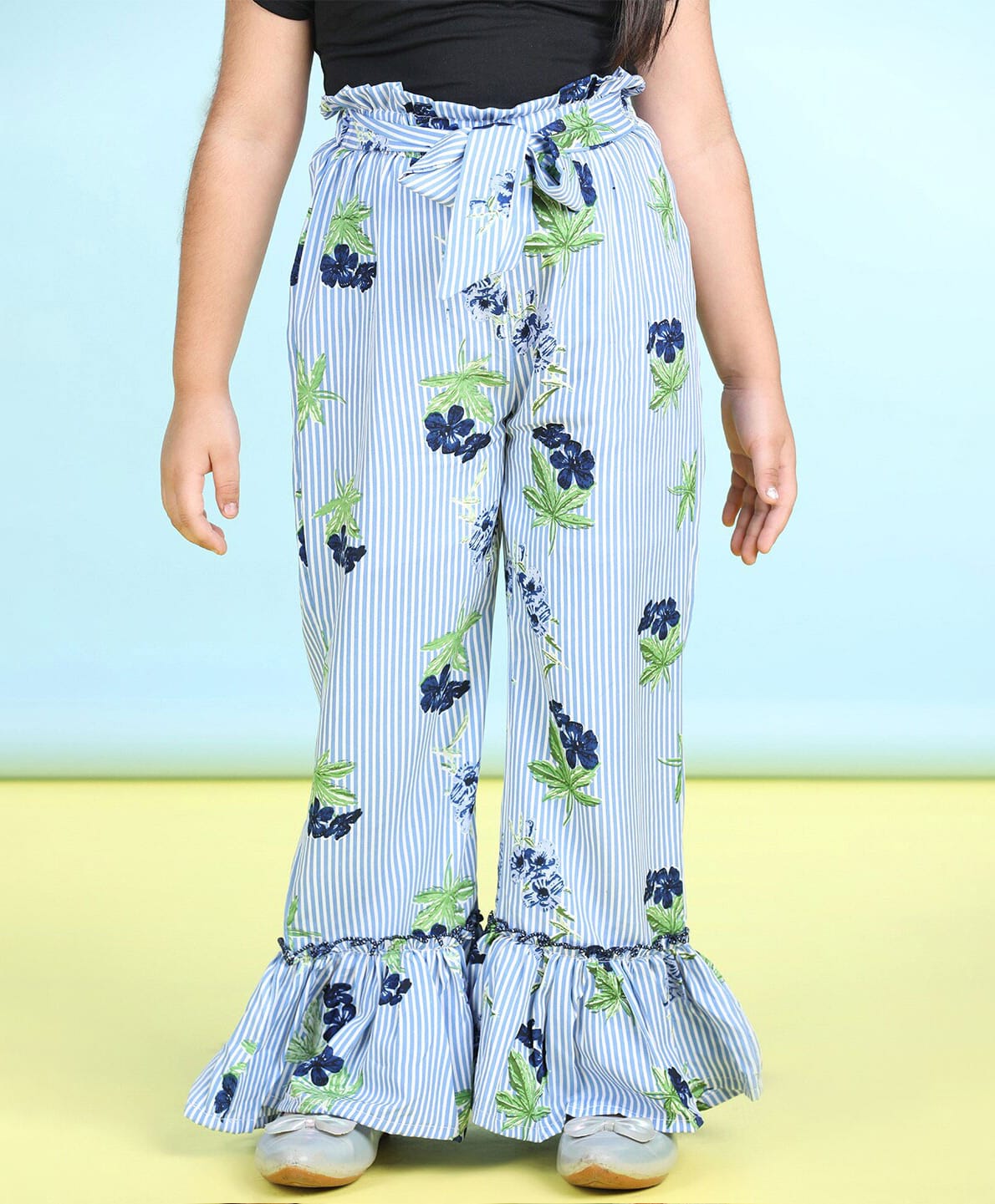Cutiekins Woven Striped & Floral Printed Palazzo - Turquoise Blue & Navy Blue-picture-25
