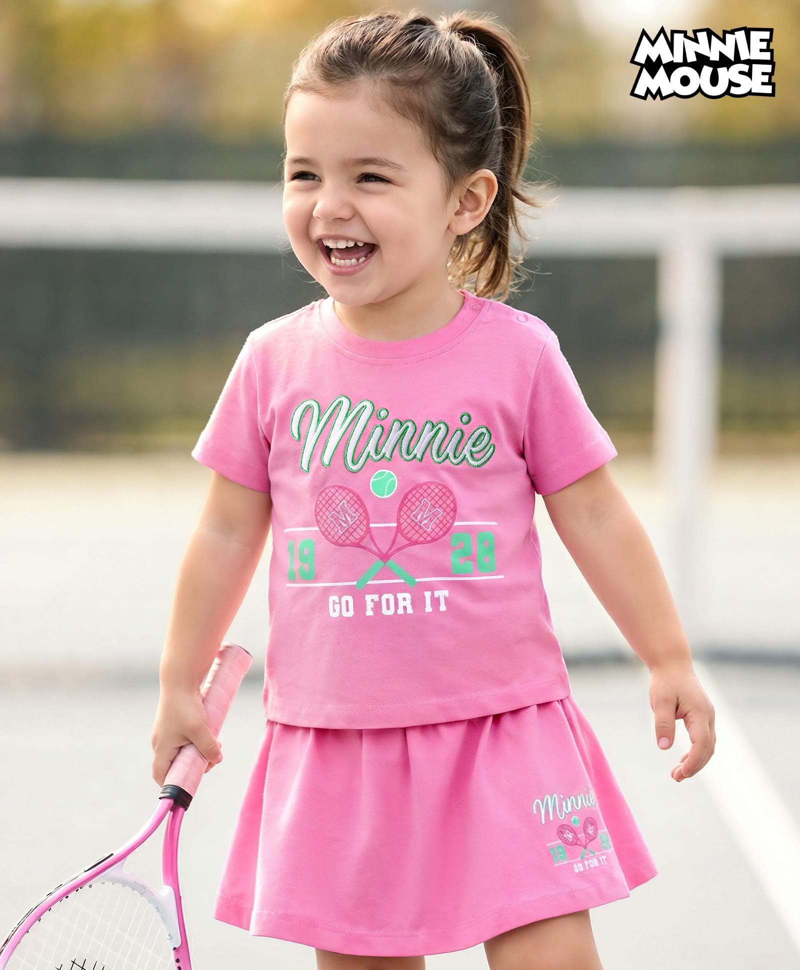 Babyhug Disney 100% Cotton Knit Half Sleeves Top & Skirt Set With Minnie Mouse Graphics & Embroidery - Pink-image-46