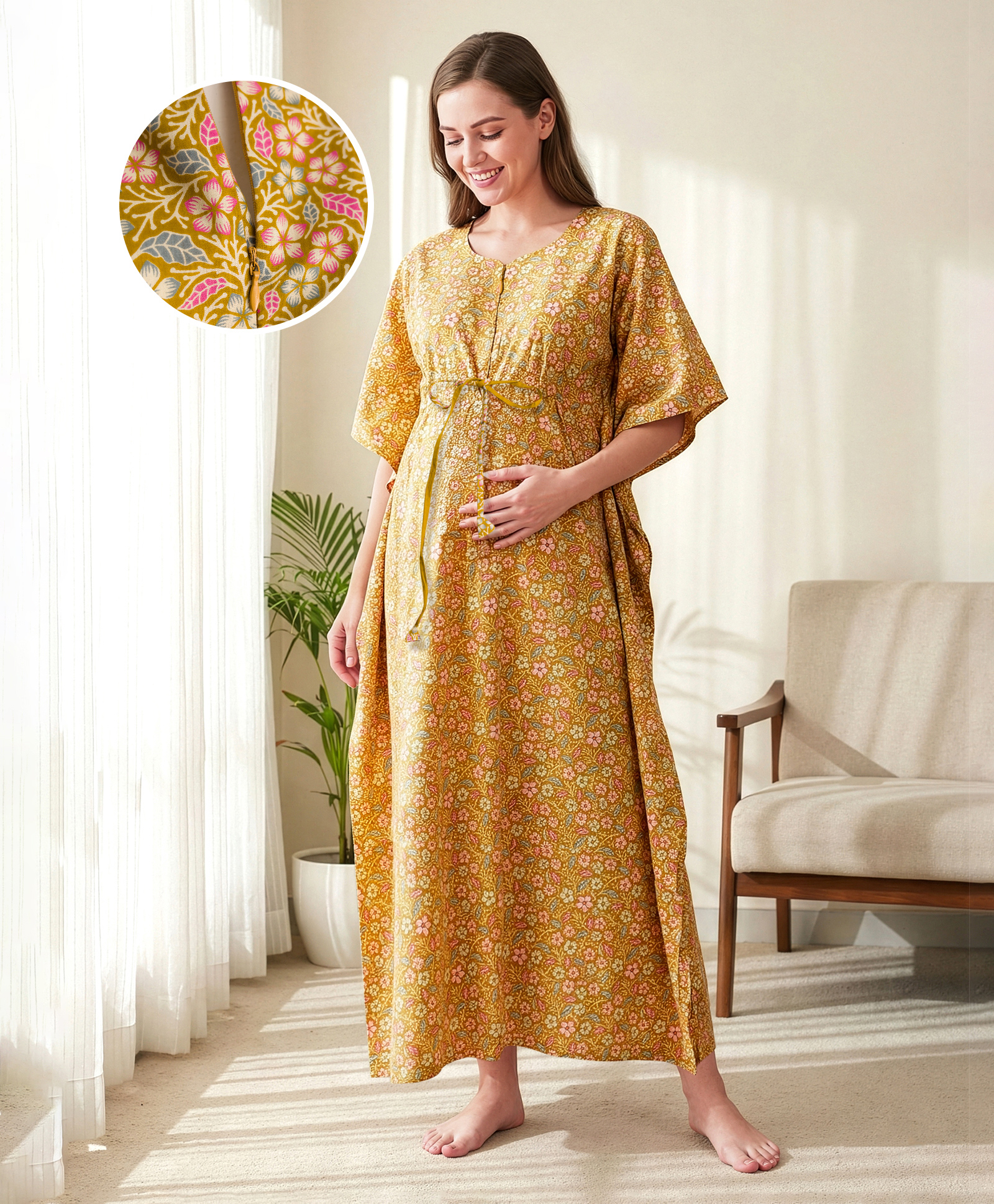 Bella Mama Cotton Woven Half Sleeves Maternity Nursing Kaftan with Floral Print - Olive Green-image-33
