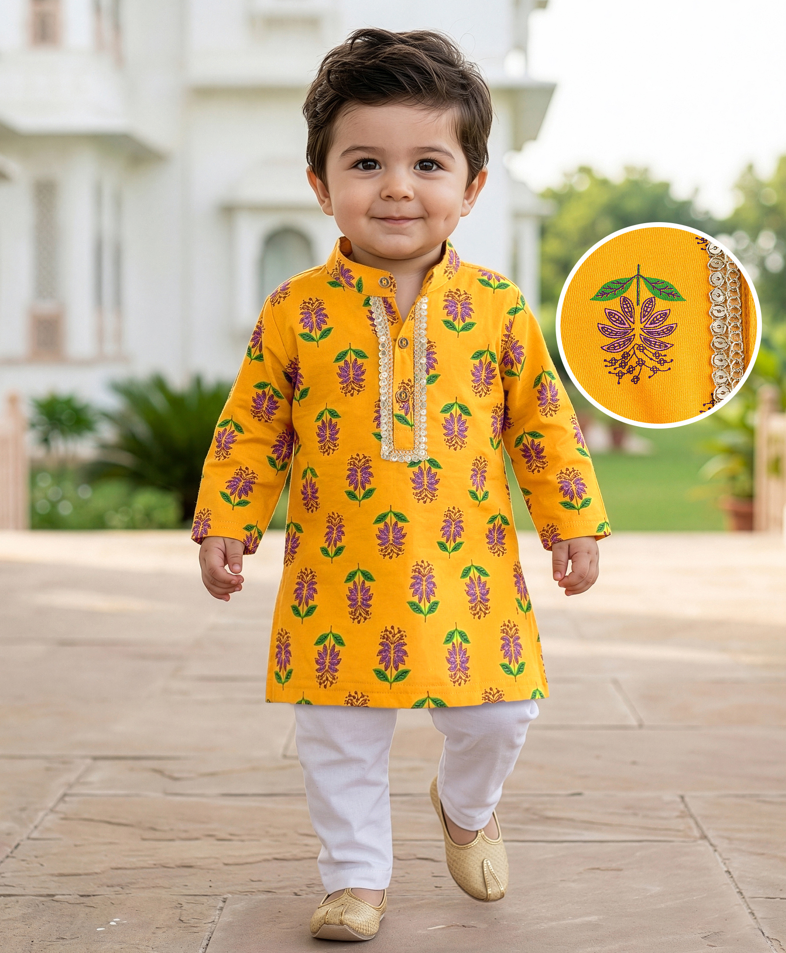 EARTHY TOUCH Cotton Jersey Knit Full Sleeves Kurta Pajama Set with Floral Print - Yellow-image-27