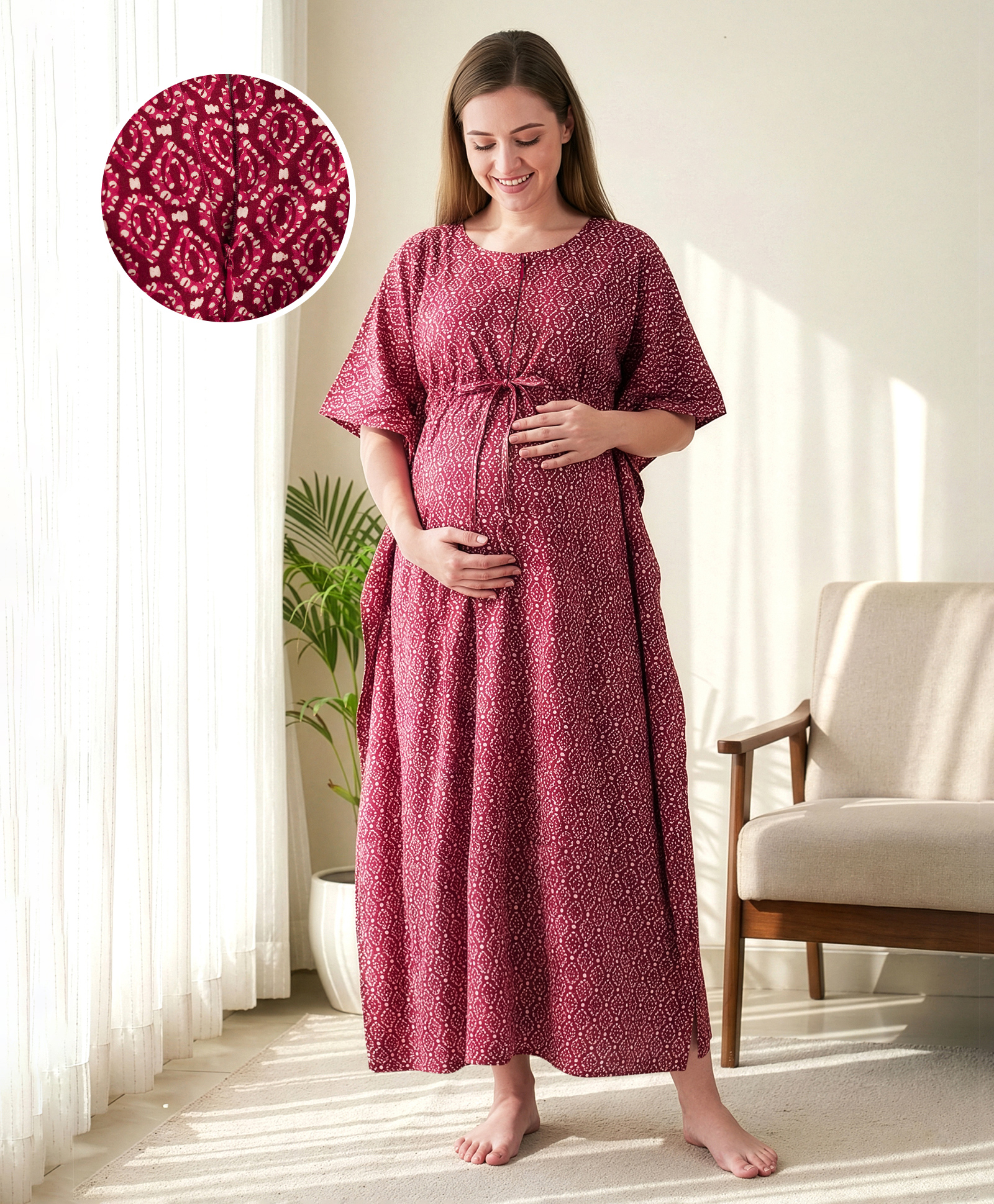 Bella Mama Cotton Woven Half Sleeves Printed Maternity Nursing Kaftan - Wine