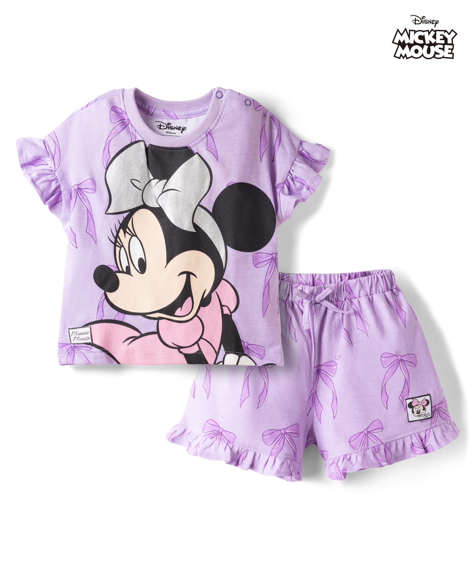 Babyhug Disney 100% Cotton Knit Half Frill Sleeves T-Shirt & Shorts Set With Minnie Mouse Graphics - Lavender-image-36