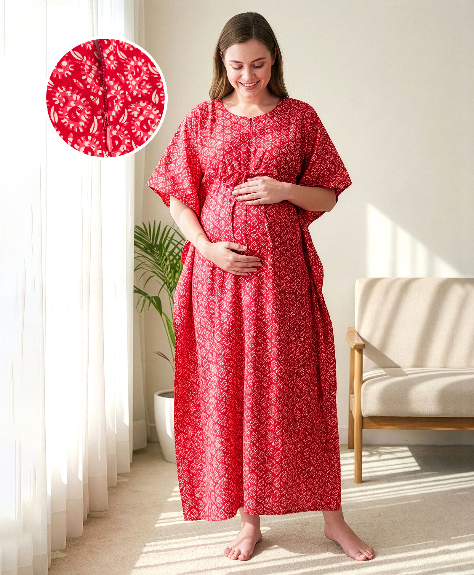 Bella Mama Cotton Woven Half Sleeves Printed Maternity Nursing Kaftan - Red