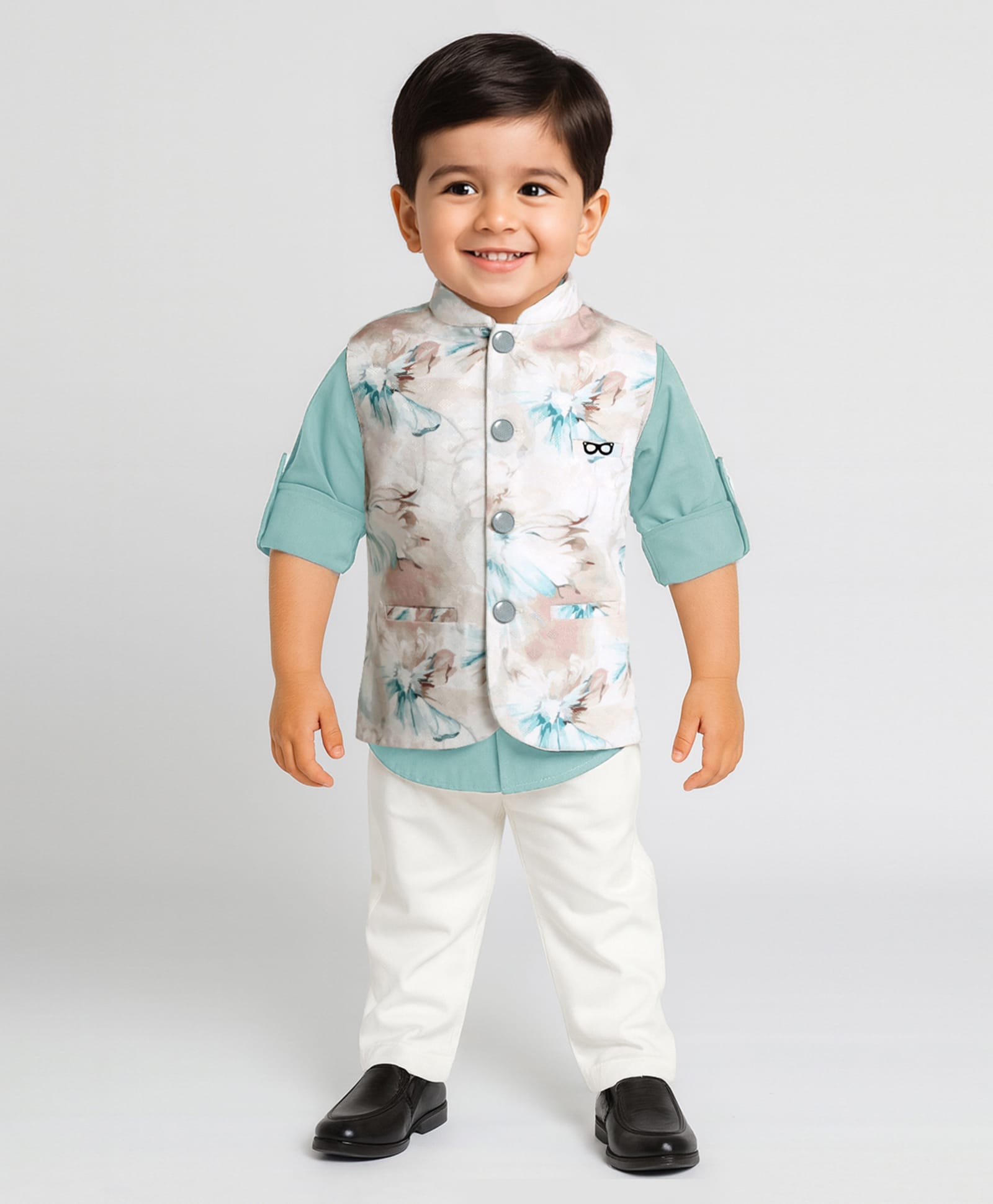BAD BOYS Satin Woven Full Sleeves Solid Shirt & Pant Set With Floral Printed Jacket - Green-image-2