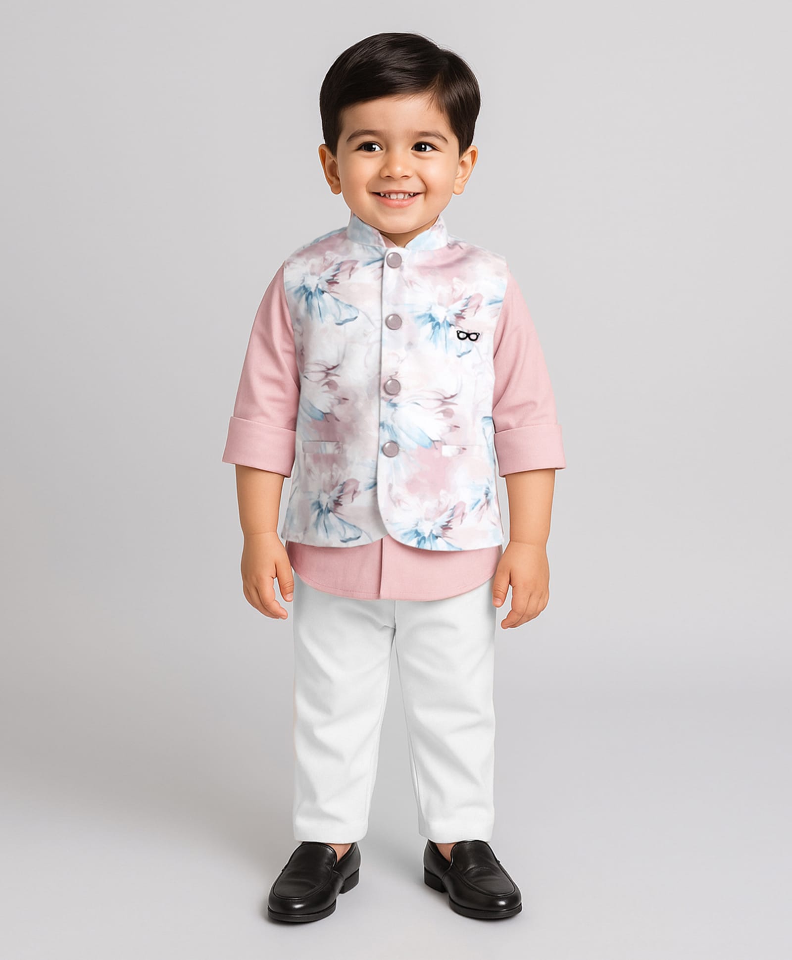 BAD BOYS Satin Woven Full Sleeves Solid Shirt & Pant Set With Floral Printed Jacket - Peach-image-4