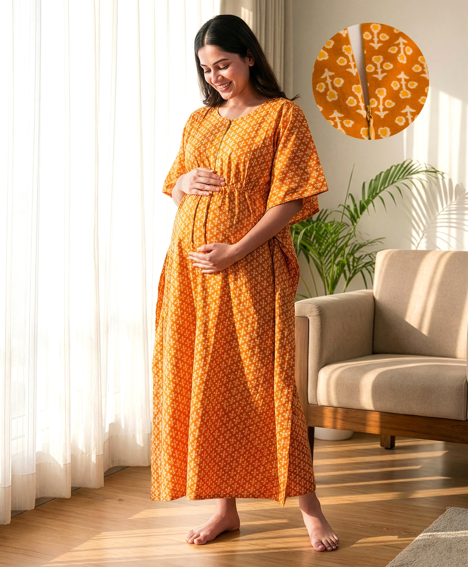 Bella Mama Cotton Woven Half Sleeves Maternity Nursing Kaftan with Floral Print - Mustard