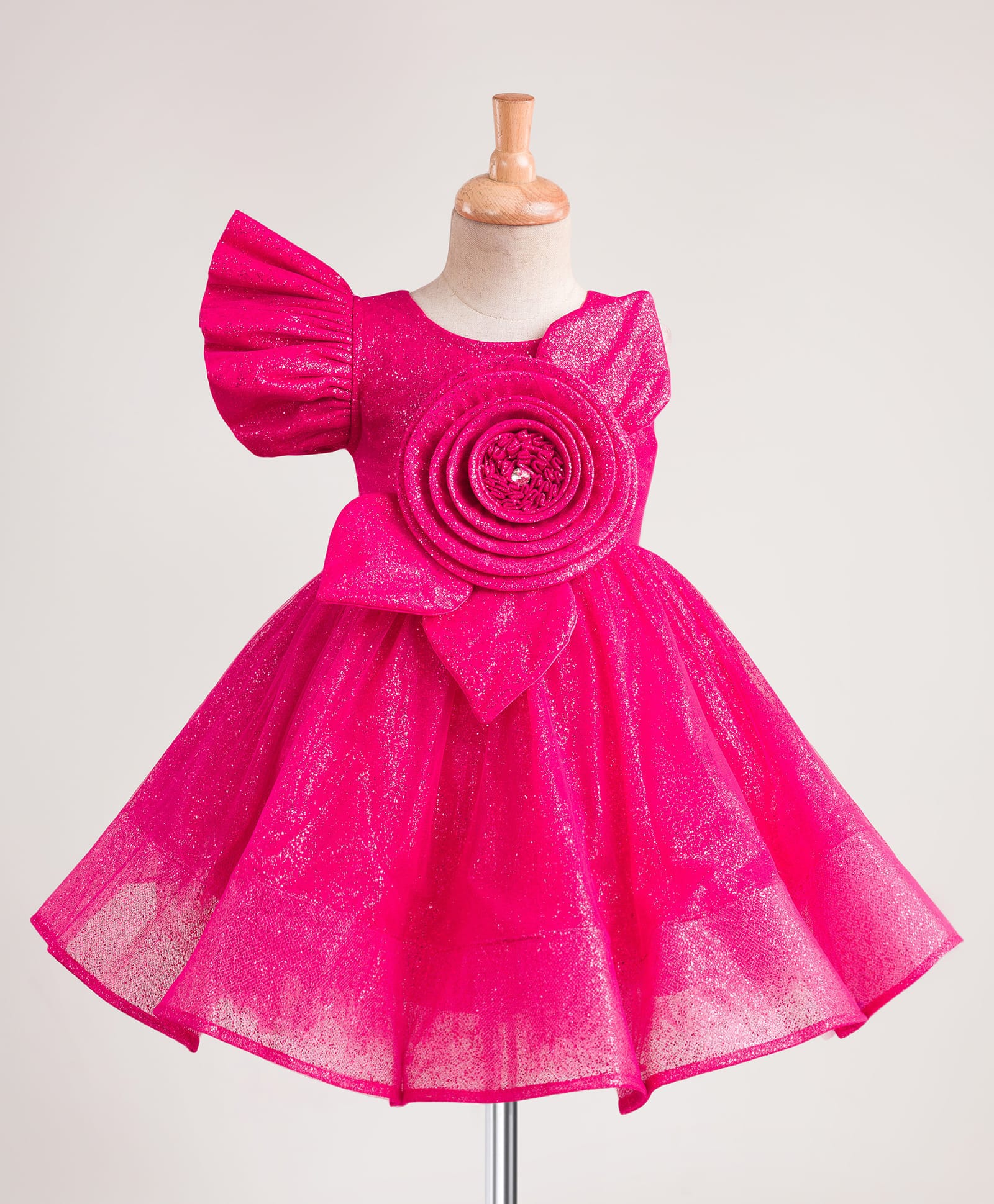 Enfance One Shoulder Stone & Glitter Embellished Floral Applique Detailed Knee Length Dress - Rani Pink-picture-48
