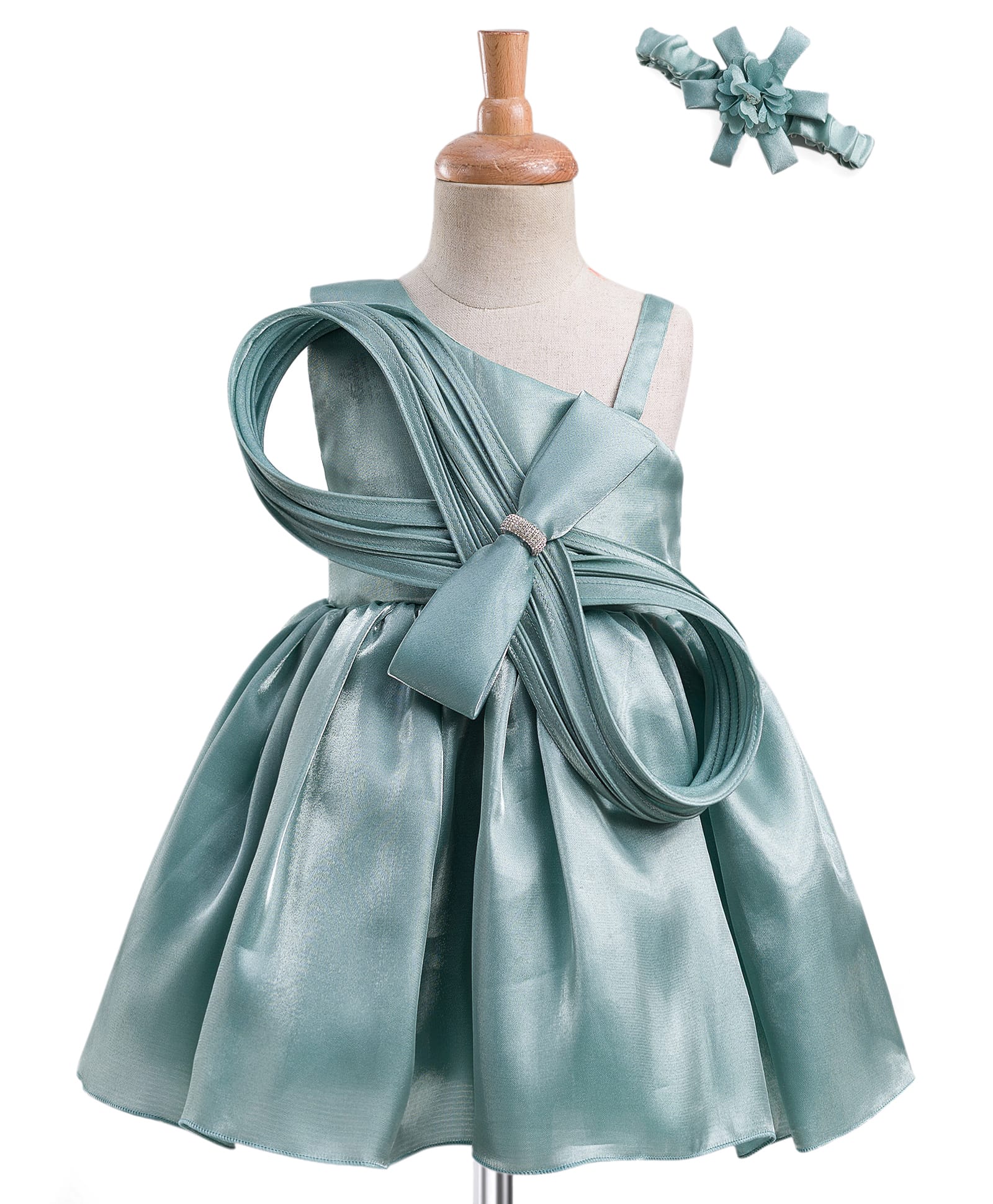 Enfance Sleeveless Stone Embellished Bow Applique Detailed Knee Length Dress With Headband - Pista-picture-46