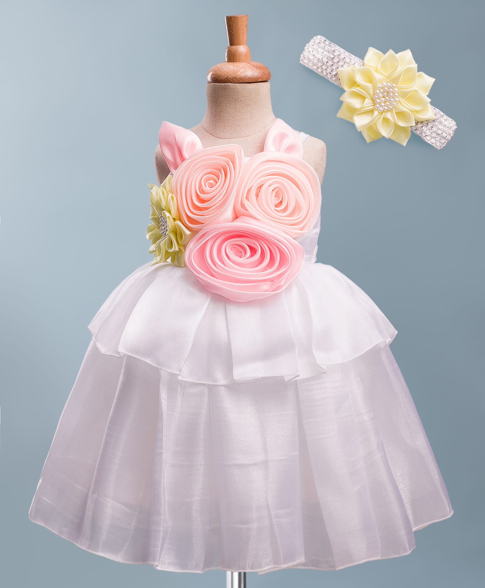 Enfance Sleeveless Pearl Embellished Floral Applique Detailed Knee Length Dress With Headband - White-picture-5