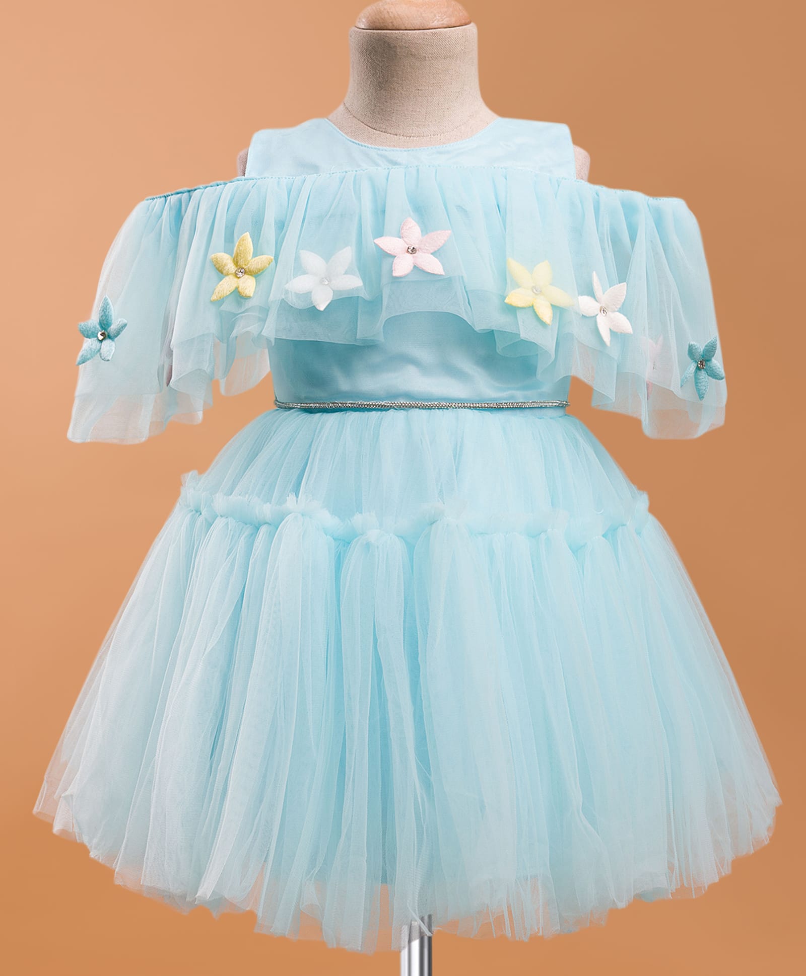 Enfance Cold Shoulder Stone Embellished Floral Applique Detailed Knee Length Dress - Light Blue-image-10
