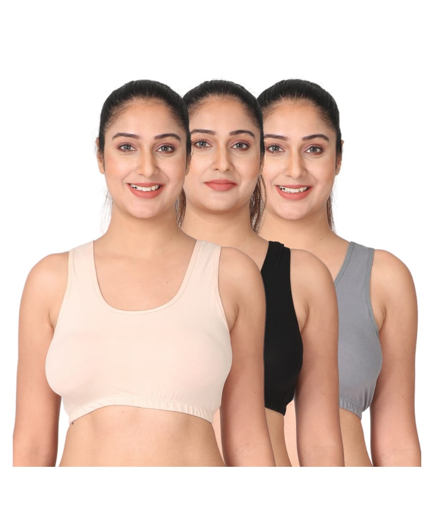 Adira Cotton Spandex Knit Pack Of 3 Solid Sleep Bras - Skin Black & Grey-picture-23