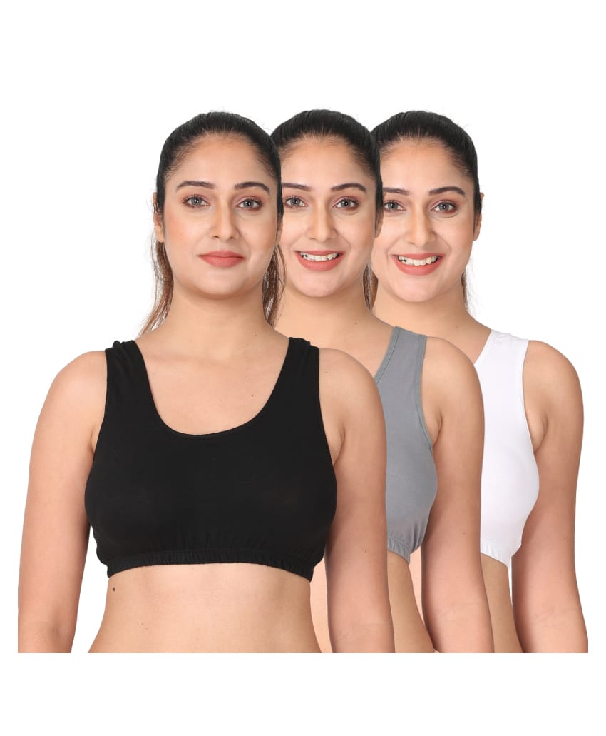 Adira Cotton Spandex Knit Pack Of 3 Solid Sleep Bras - Black Grey & White-picture-28