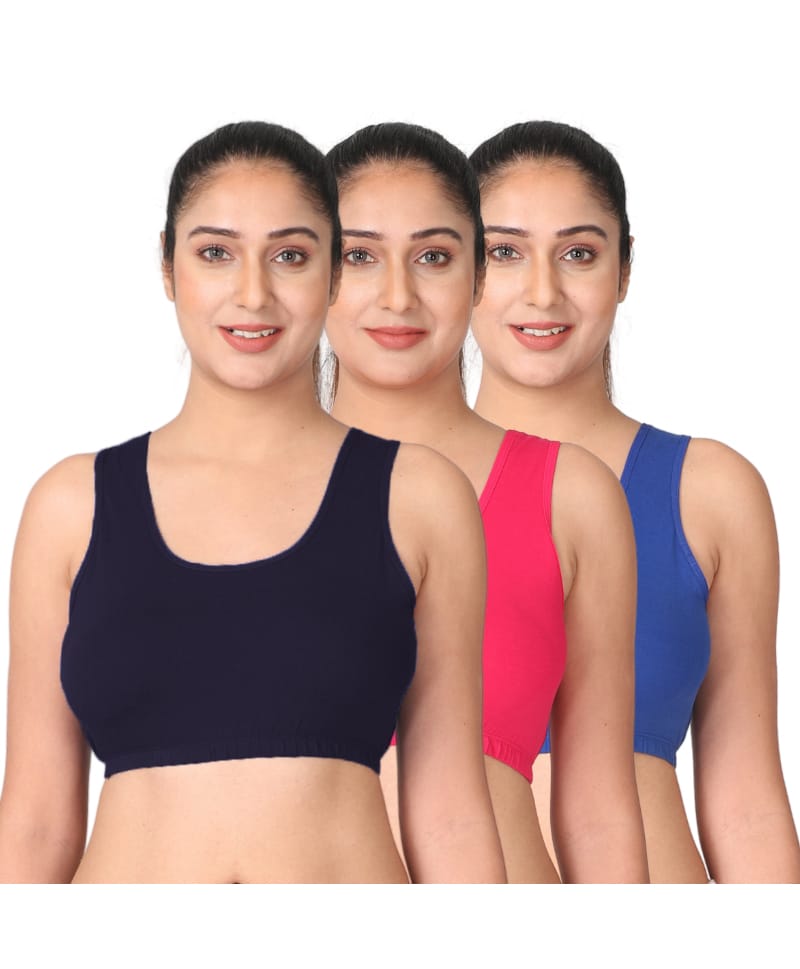 Adira Cotton Spandex Knit Pack Of 3 Solid Sleep Bras - Navy Blue Dark Pink & Royal Blue-picture-26