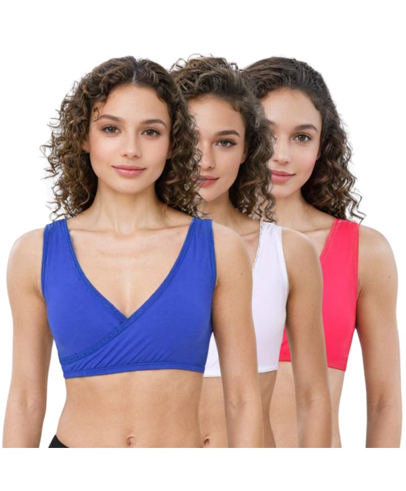 Adira Cotton Spandex Knit Pack Of 3 Solid Plunge Bras - Royal Blue White & Dark Pink-image-11