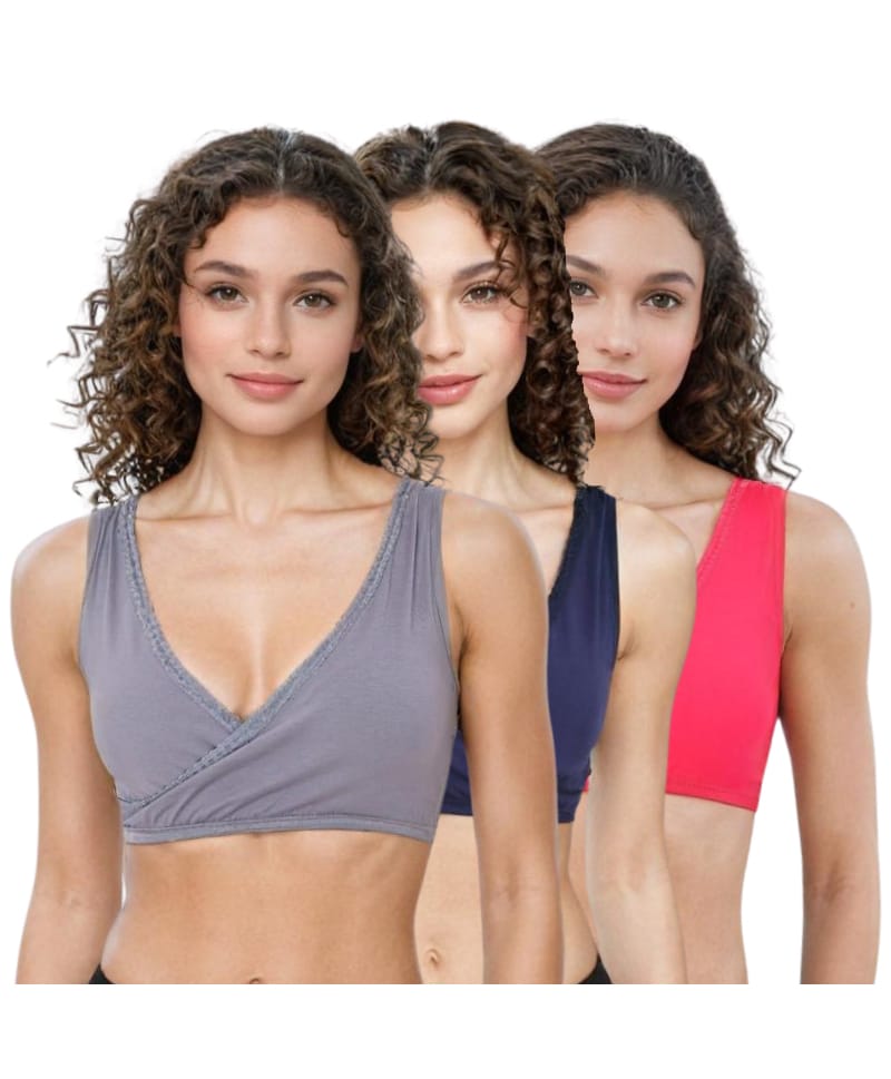 Adira Cotton Spandex Knit Pack Of 3 Solid Plunge Bras - Steel Grey Navy Blue & Dark Pink-picture-12