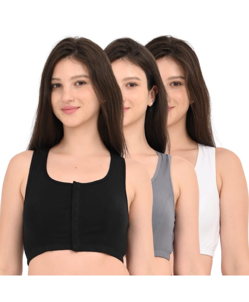 Adira Cotton Elastane Knit Pack Of 3 Solid Front Open Maternity Bras - Black Steel Grey & White-image-2