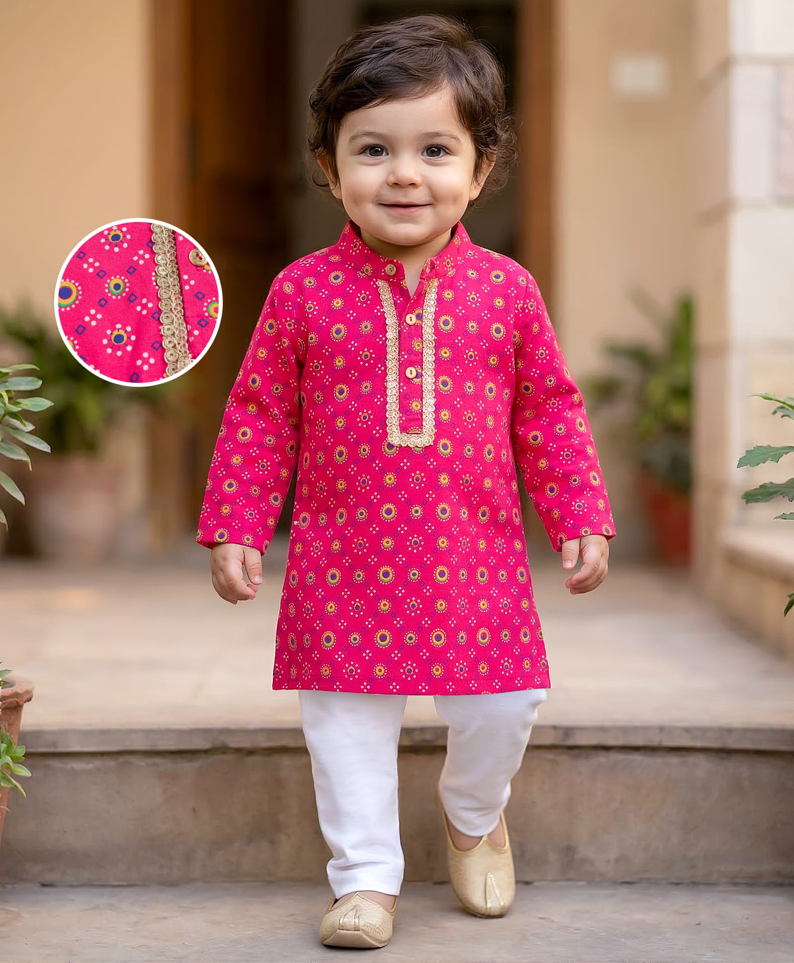 EARTHY TOUCH Cotton Jersey Knit Full Sleeves Printed Kurta Pyjama Set with Lace Detailing- Pink-picture-25