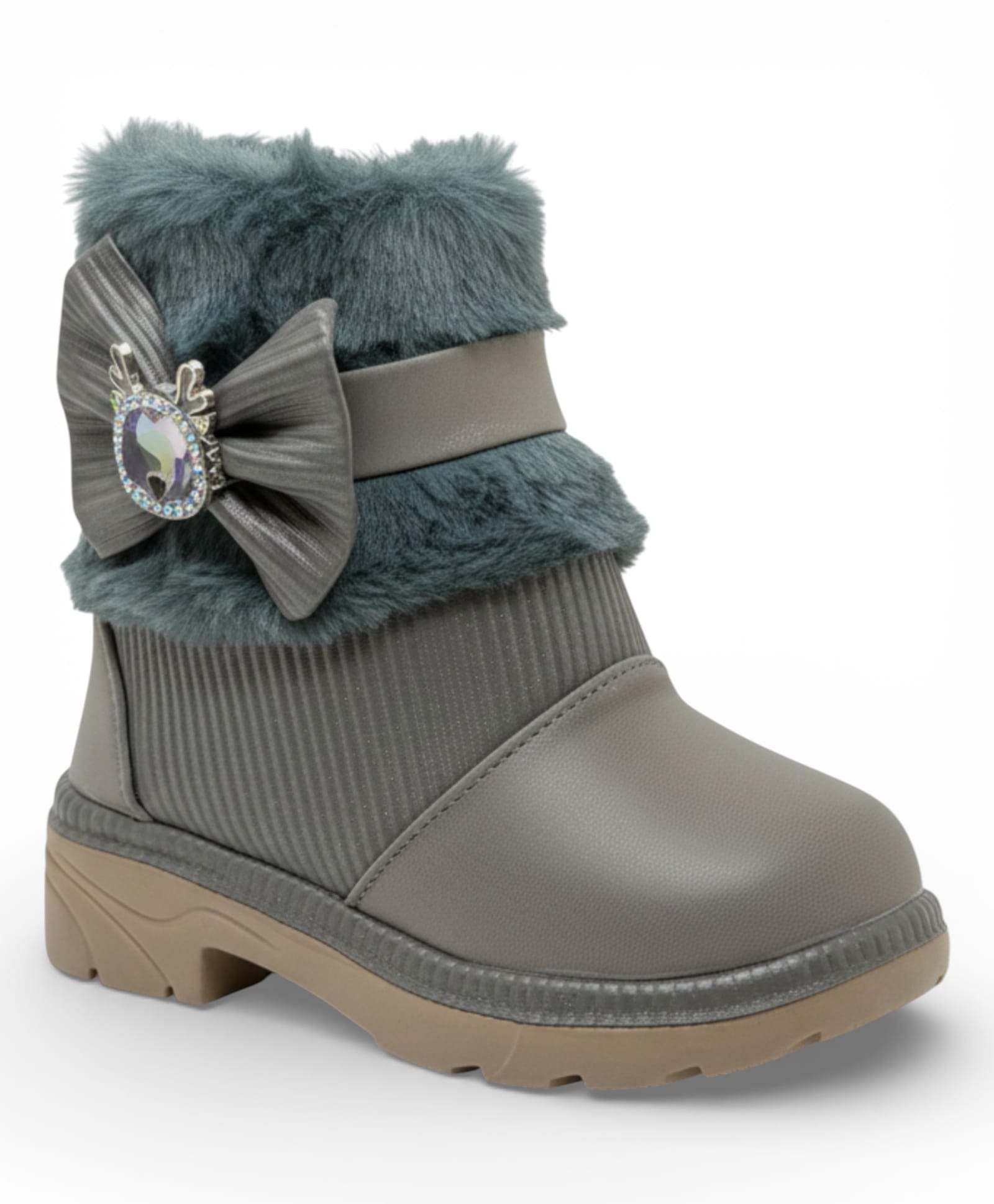 Lil Lollipop Bow Stone Applique & Fur Detailed Zip Closure Boots - Grey