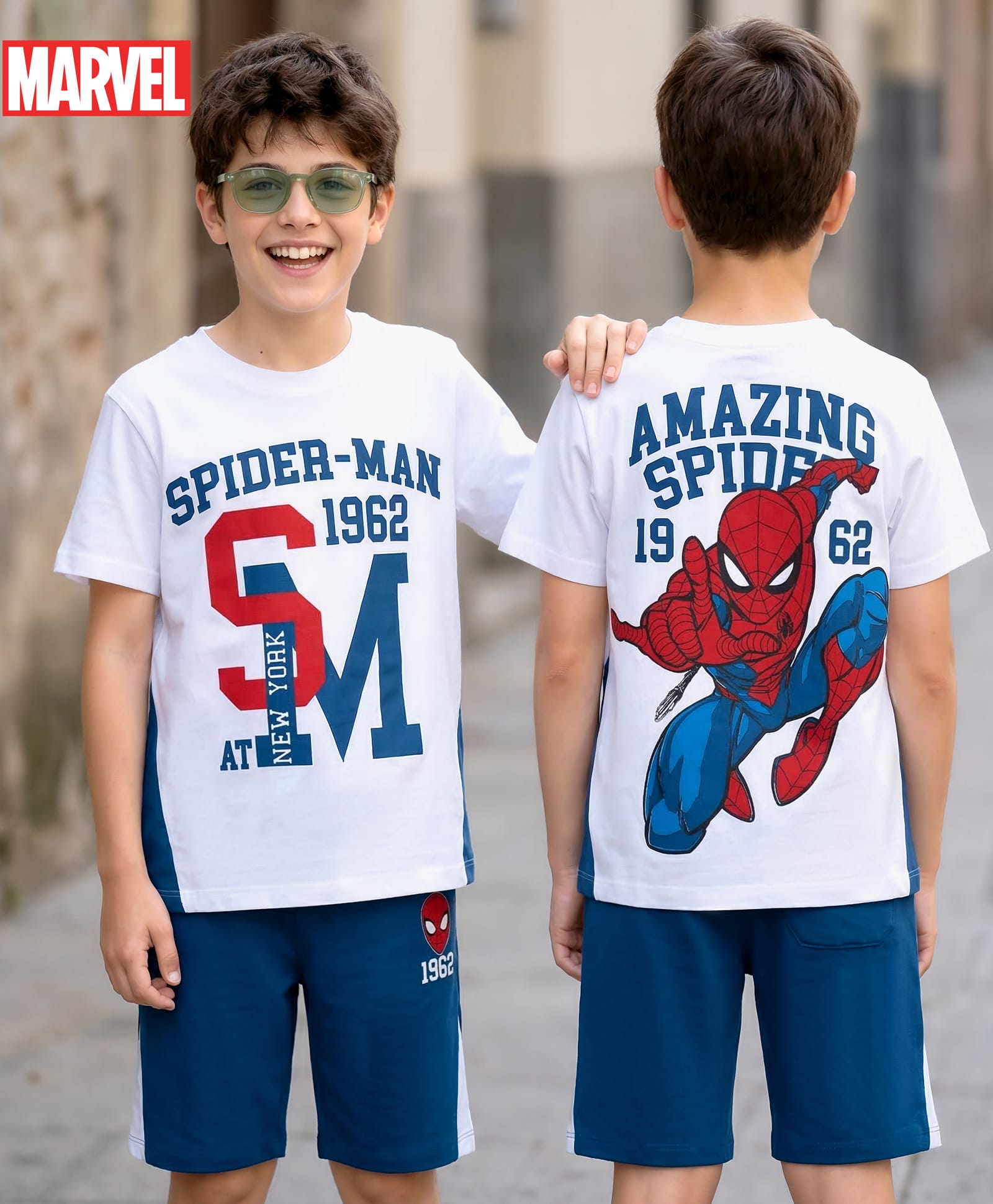 Pine Kids Marvel Single Jersey Knit Half Sleeves T-Shirt & Shorts Set with Spiderman Graphics - White & Blue-image-45
