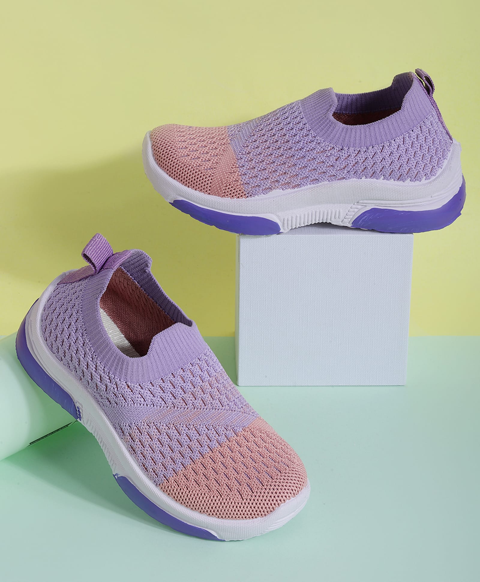 PASSION PETALS Colour Blocked Mesh Detailed Slip On Shoes - Mauve & Yellow-image-45