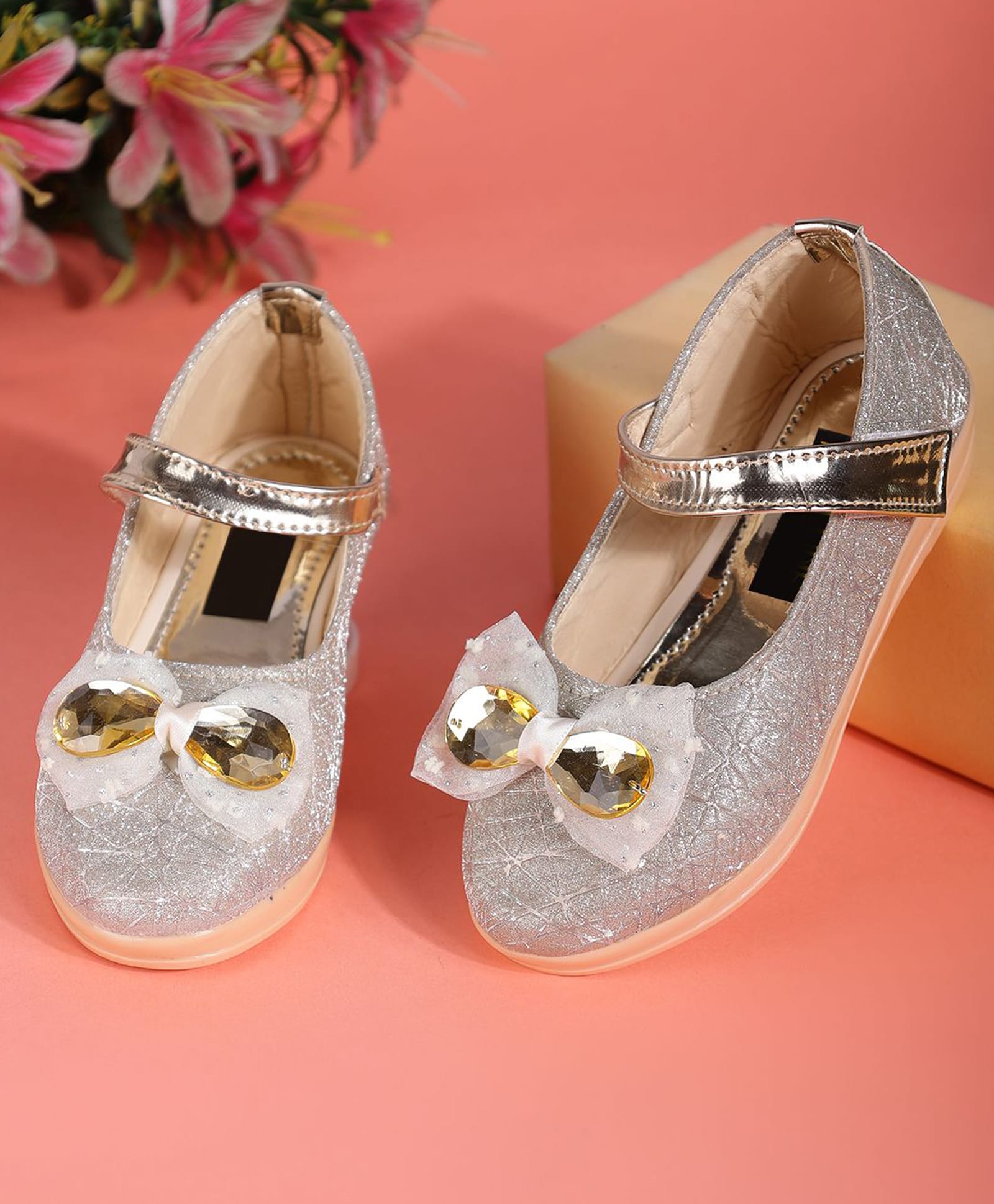 PASSION PETALS Bow Applique Detailed & Stone Embellished Velcro Closure Ballerinas - Light Gold-image-25