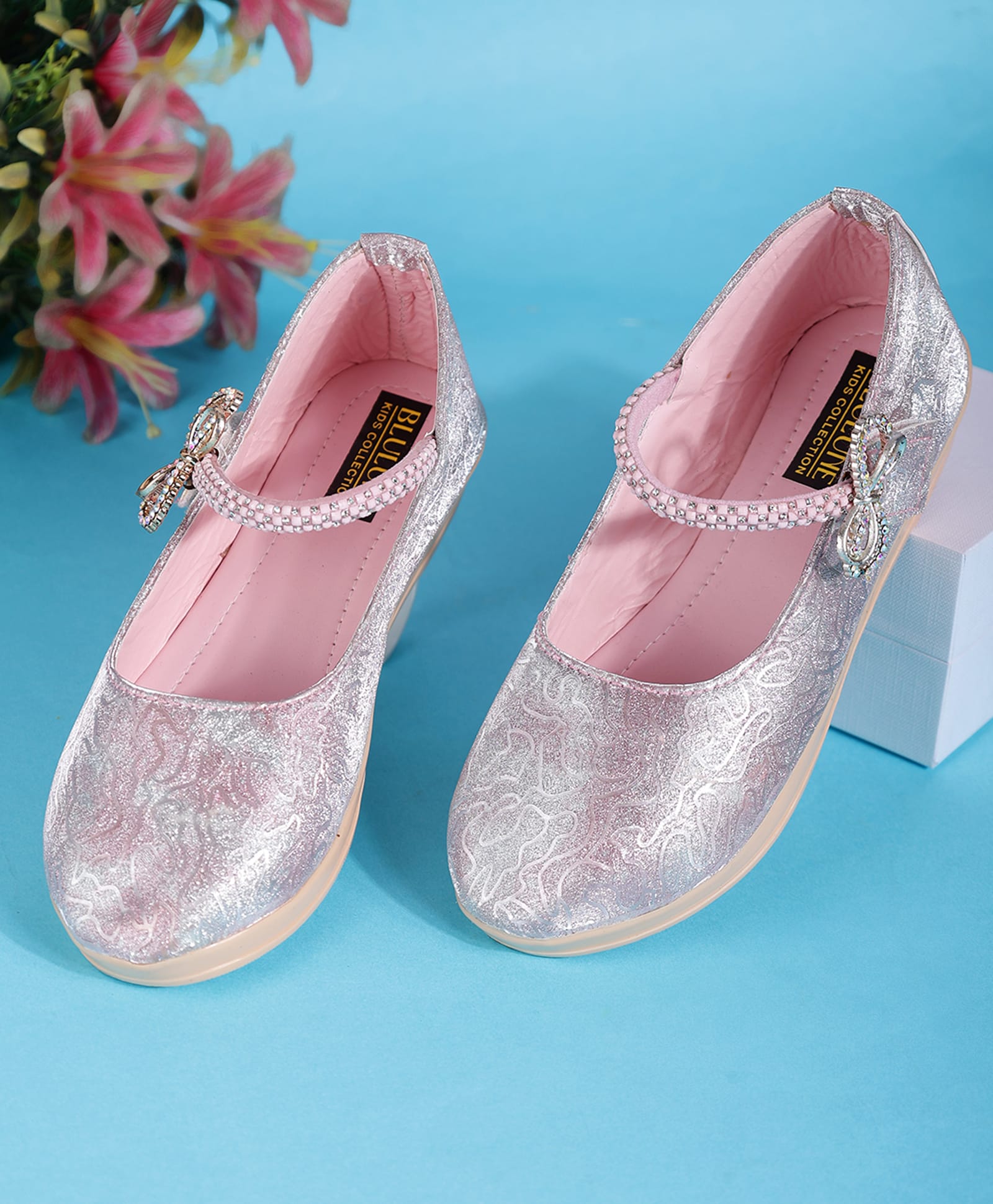 PASSION PETALS Bow Applique Detailed Stones Embellished Metallic Velcro Closure Ballerinas - Pink