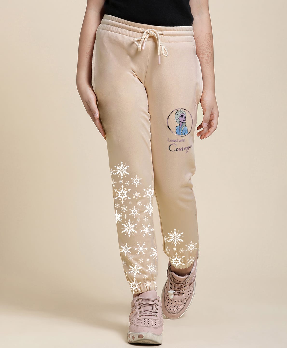 Kidsville Knit Disney Frozen Featuring Elsa & Typography Printed Joggers - Beige-picture-37
