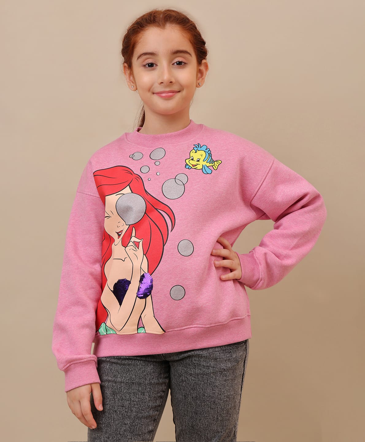 Kidsville Knit Disney Princess Featuring Full Sleeves Ariel Printed Light Winter Sweatshirt - Pink-picture-31