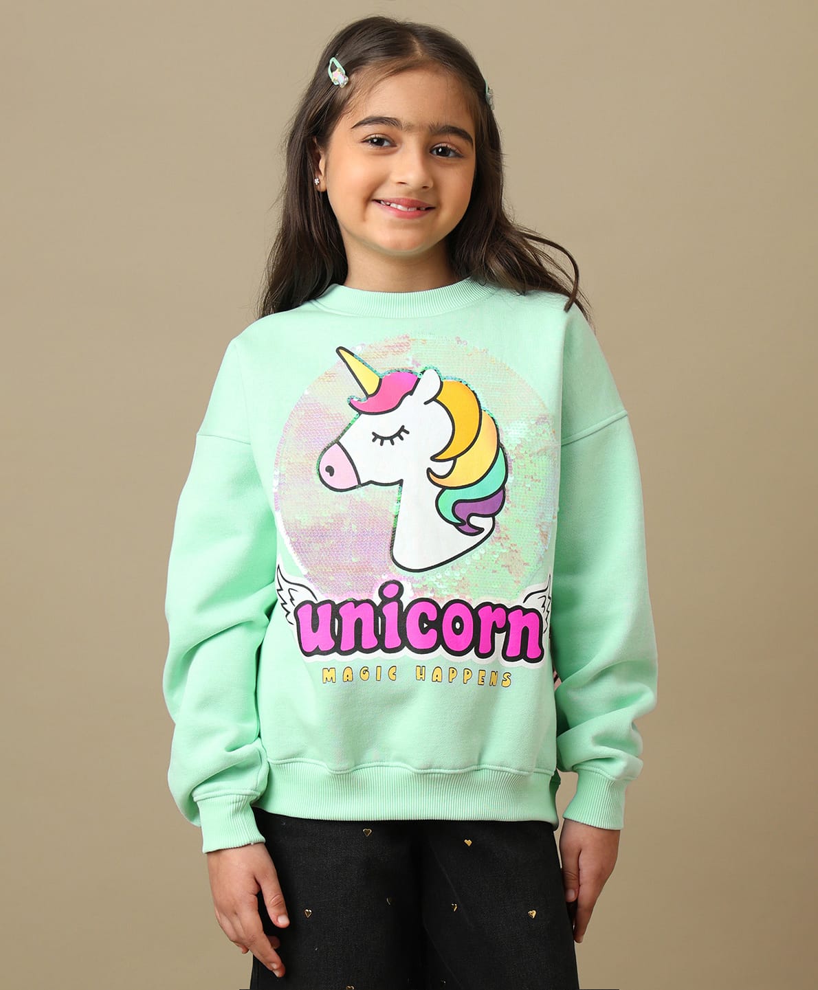 Kidsville Knit Full Sleeves Unicorn Printed Sequins Embellished Winter Sweatshirt - Green-image-46