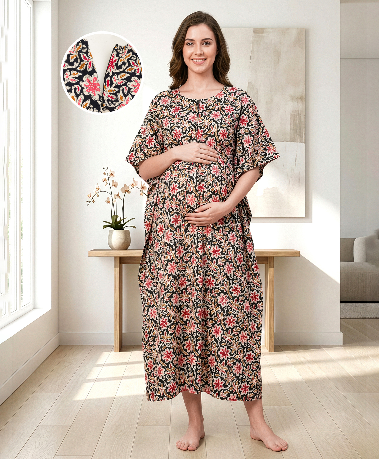 Bella Mama Cotton Woven Half Sleeves Maternity Nursing Kaftan with Floral Print - Black-image-42