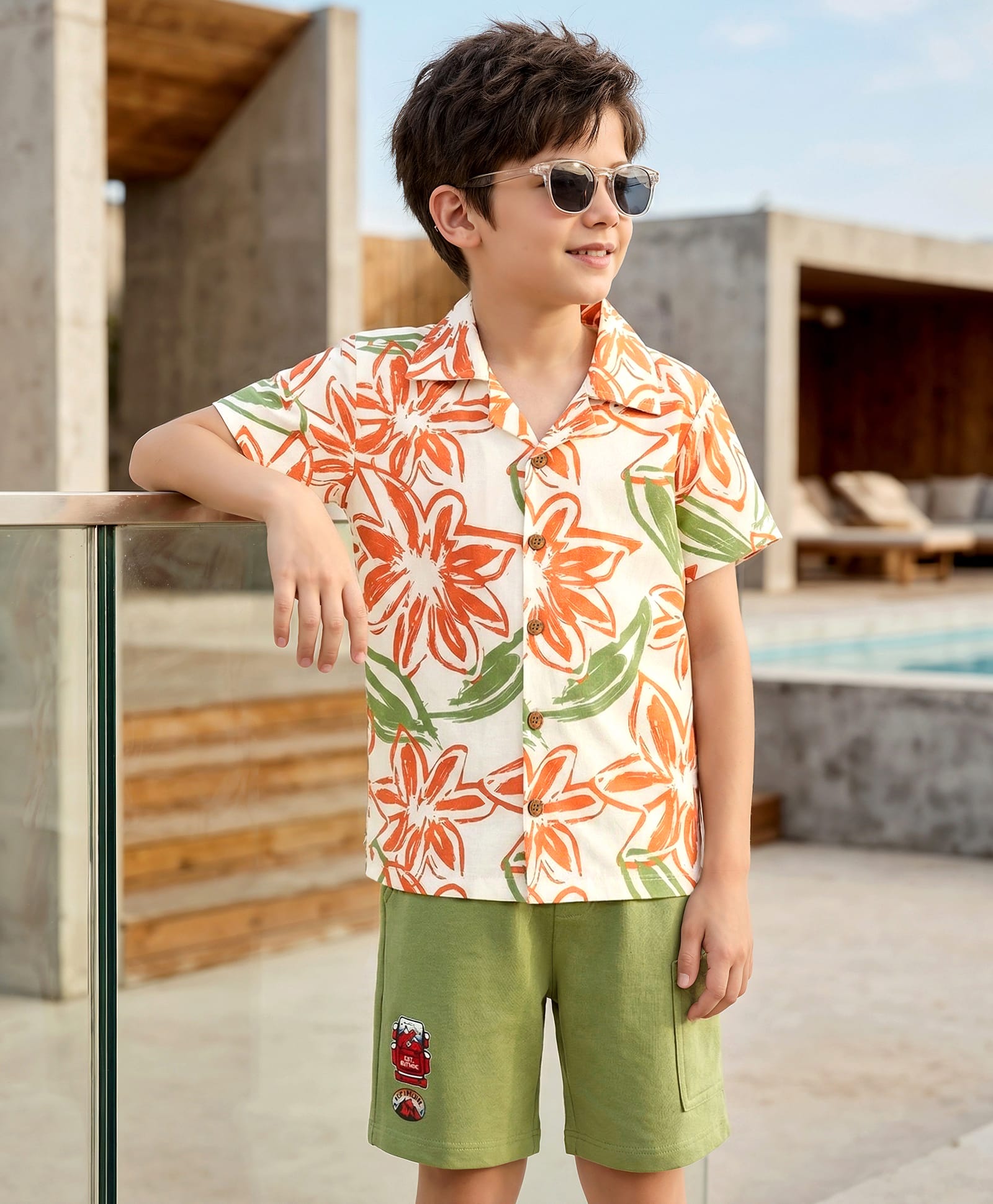 OLLINGTON ST. Cotton Knit Half Sleeves Shirt With Print & Shorts Set - Multicolour & Olive-image-22