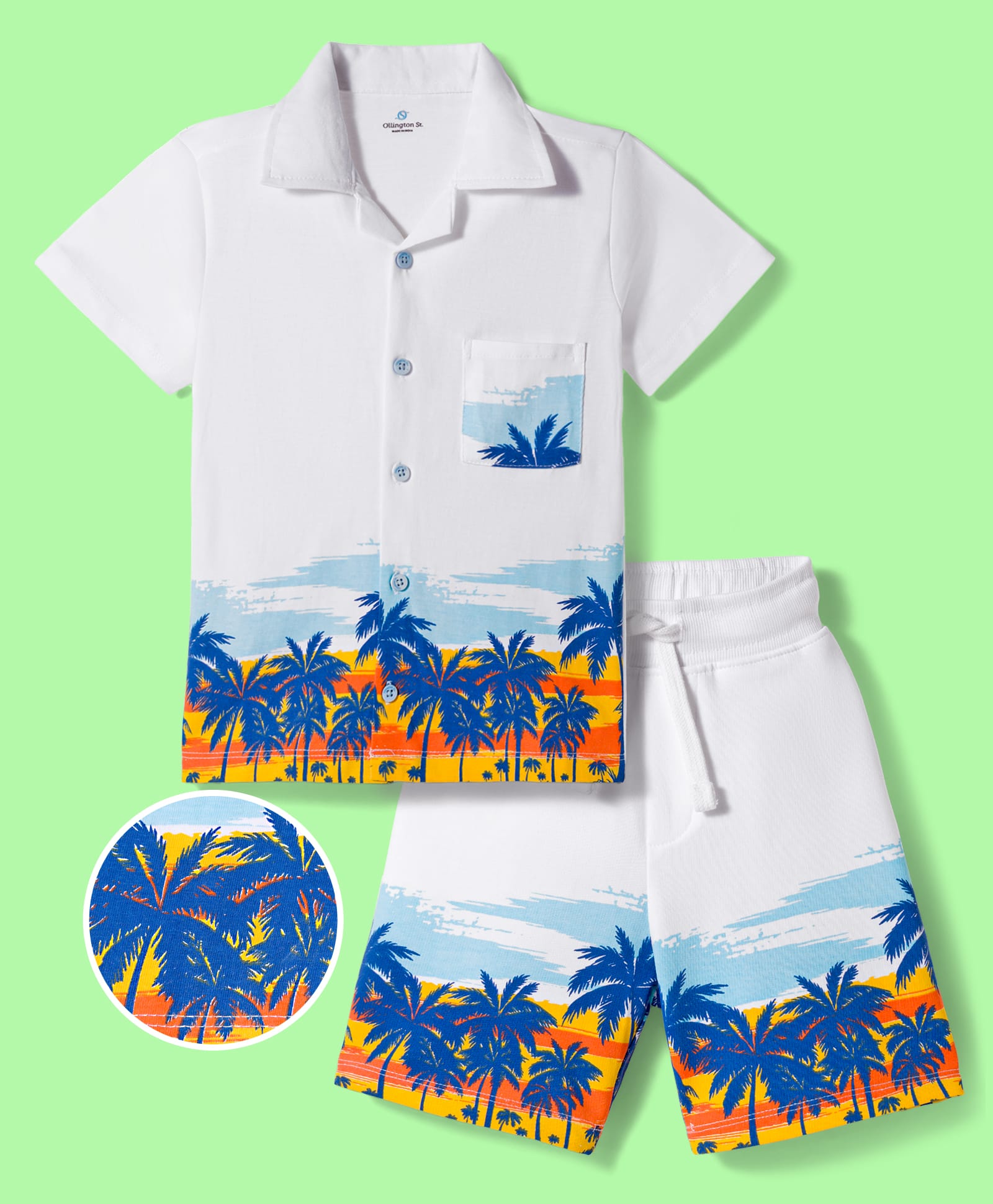OLLINGTON ST. Cotton Knit Half Sleeves Beach Theme Printed Shirt & Shorts Set - Multicolour-image-21