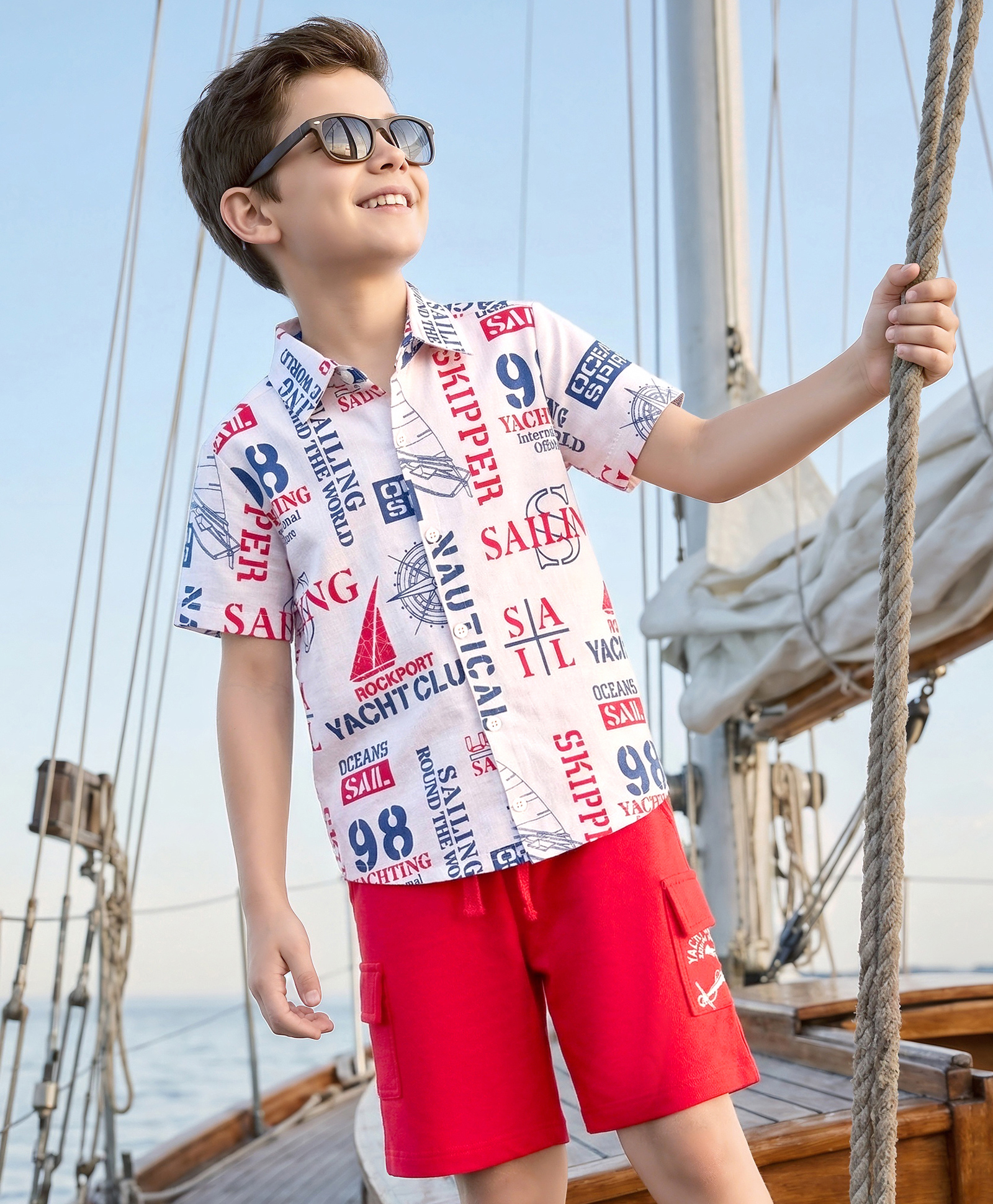 OLLINGTON ST. Cotton Knit Half Sleeves Shirt With Print & Shorts Set - Multicolour & Red-image-40