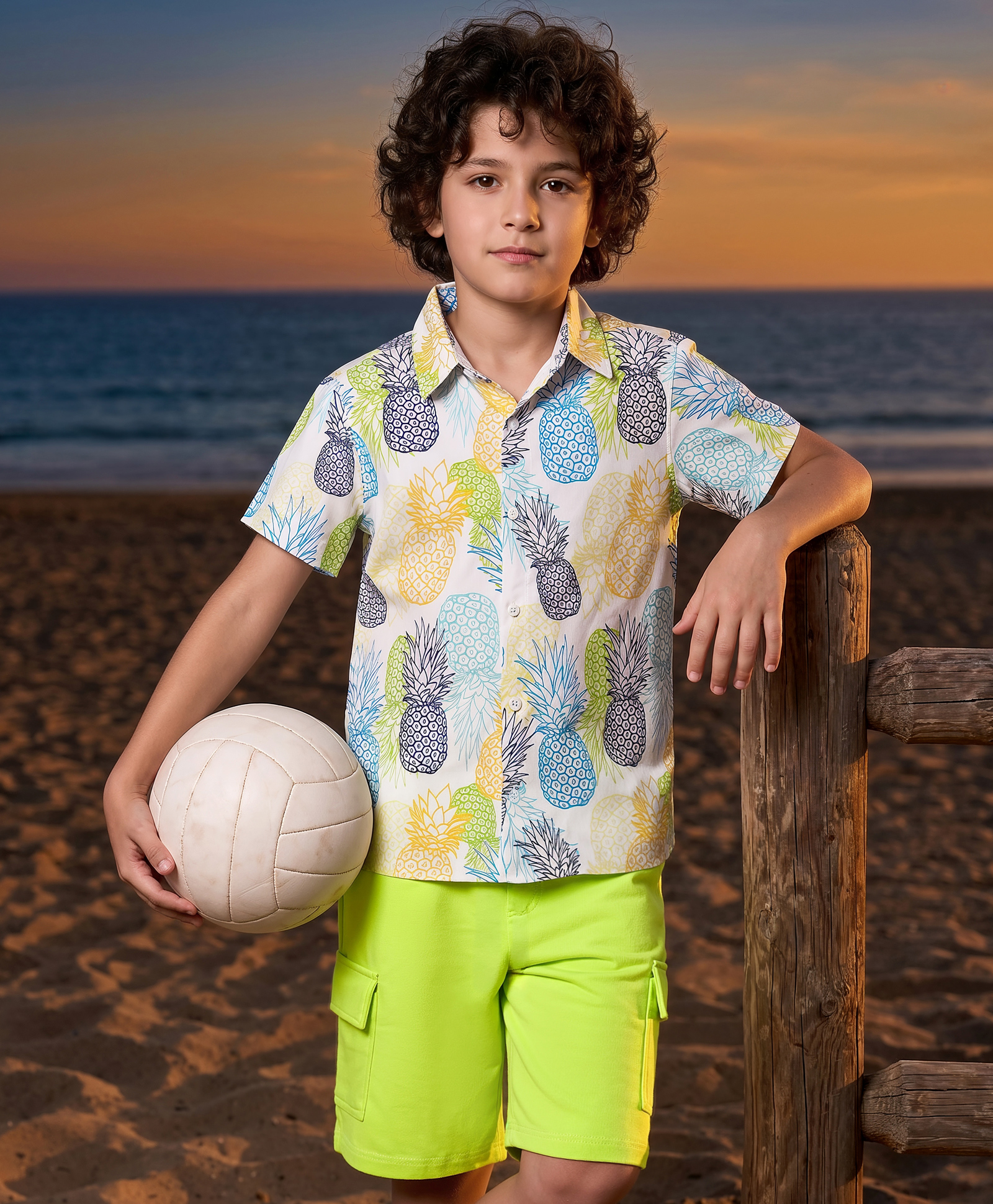 OLLINGTON ST. Cotton Knit Half Sleeves Shirt With Pineapple Print & Shorts Set - Multicolour & Lime Green-image-48