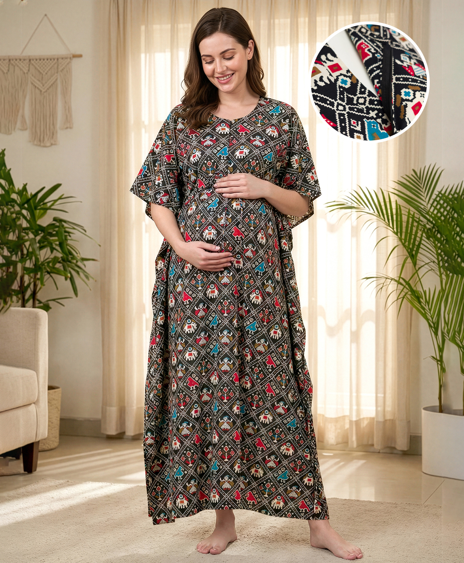 Bella Mama Cotton Woven Half Sleeves Printed Maternity Nursing Kaftan - Black-image-35