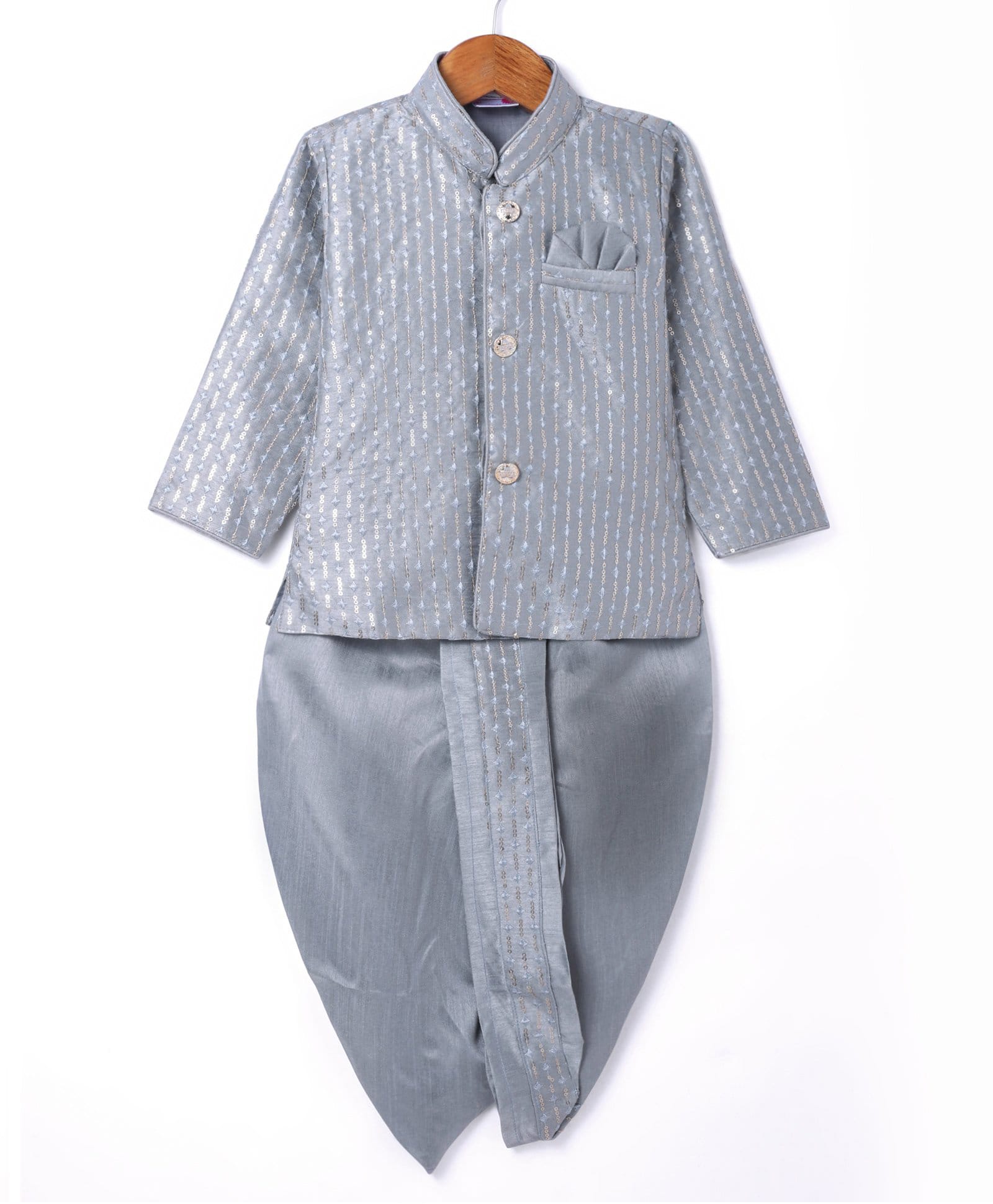 Ridokidz Cotton Woven Full Sleeves Kurta Dhoti Set with Sequin Detailing - Grey-image-27