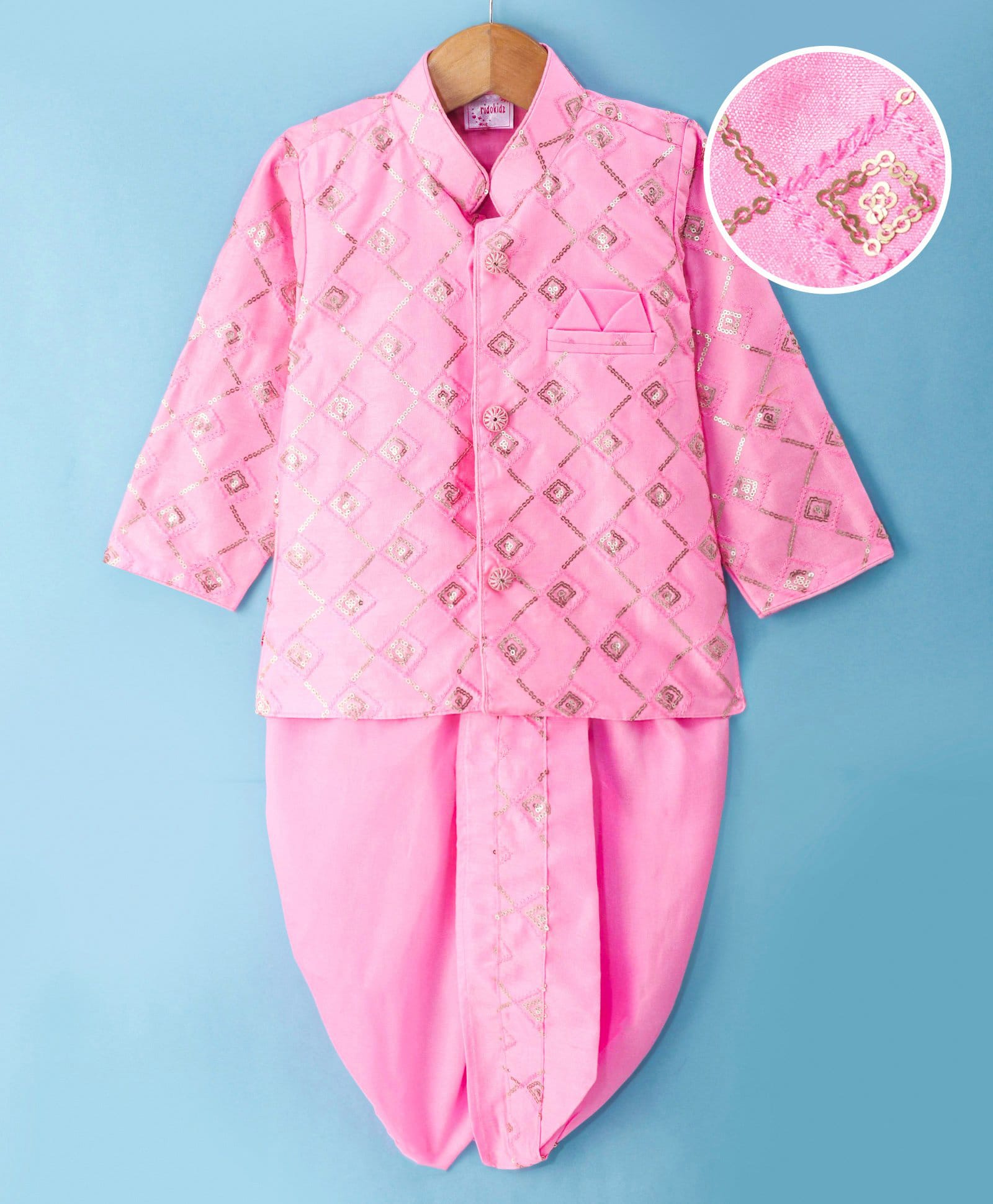 Ridokidz Cotton Woven Full Sleeves Kurta Dhoti Set with Sequin Detailing - Pink-picture-17