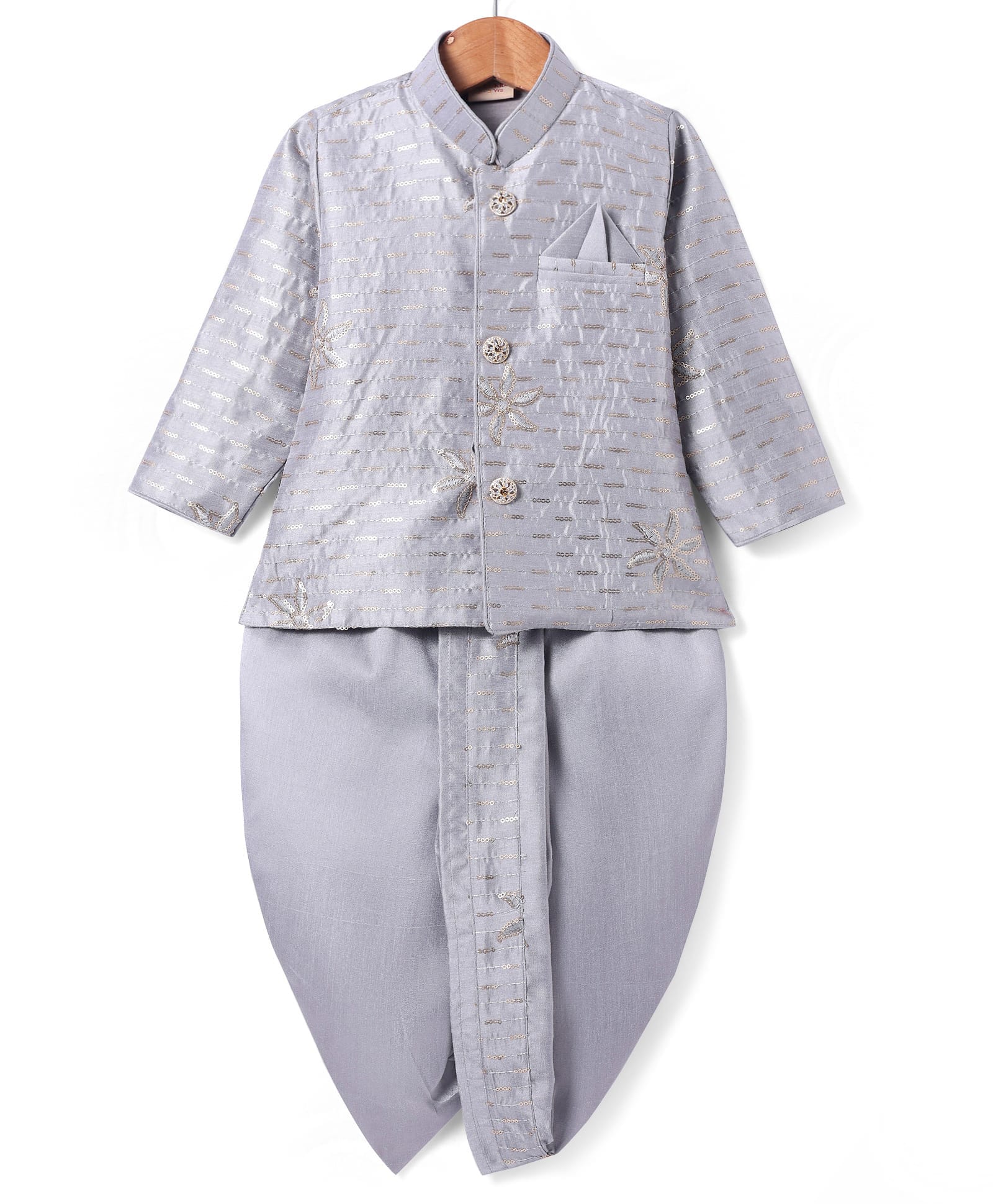 Ridokidz Cotton Woven Full Sleeves Kurta Dhoti Set with Sequin Detailing - Grey-picture-9