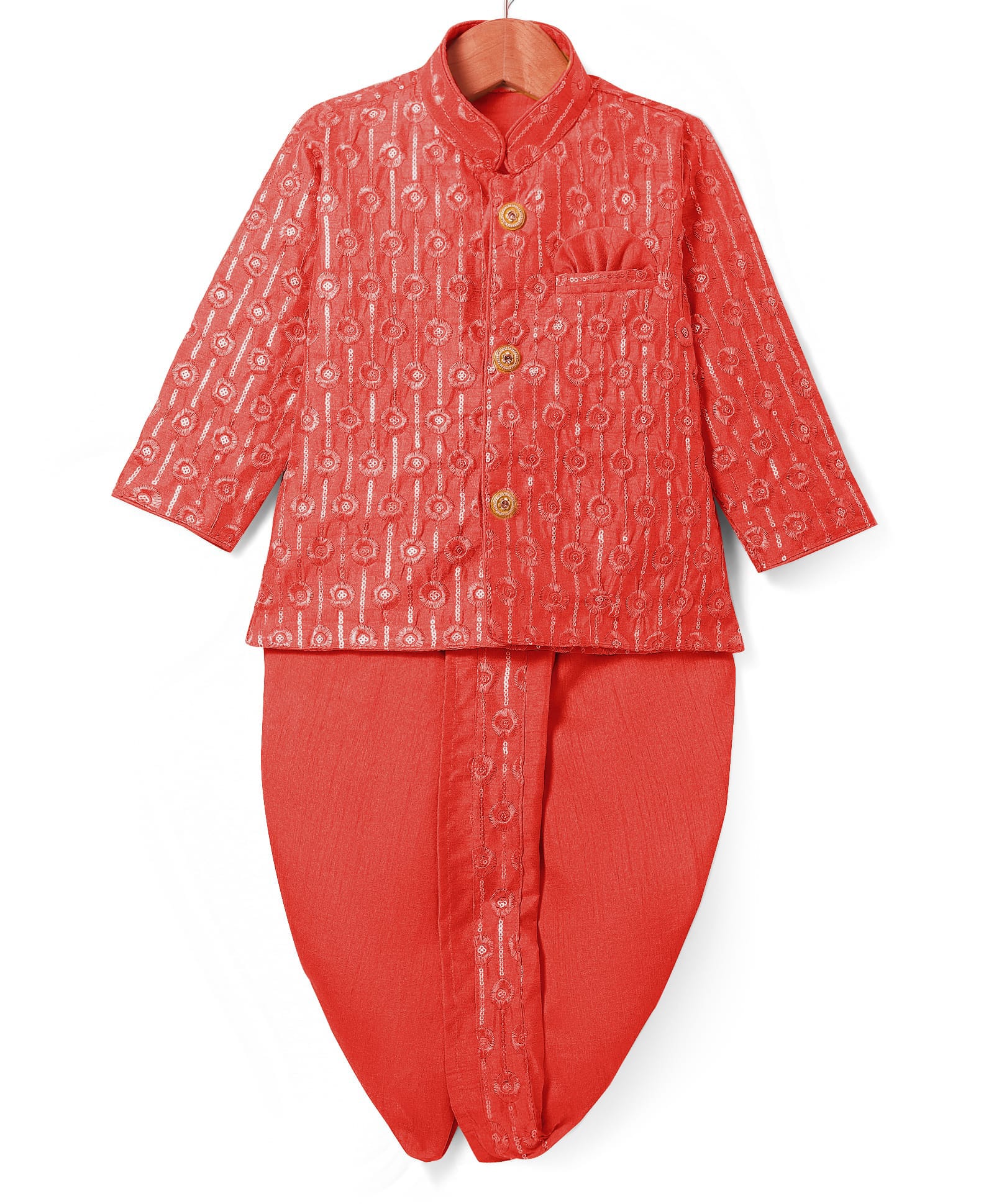 Ridokidz Cotton Woven Full Sleeves Kurta Dhoti Set with Sequin Detailing & Embroidery - Orange-picture-9