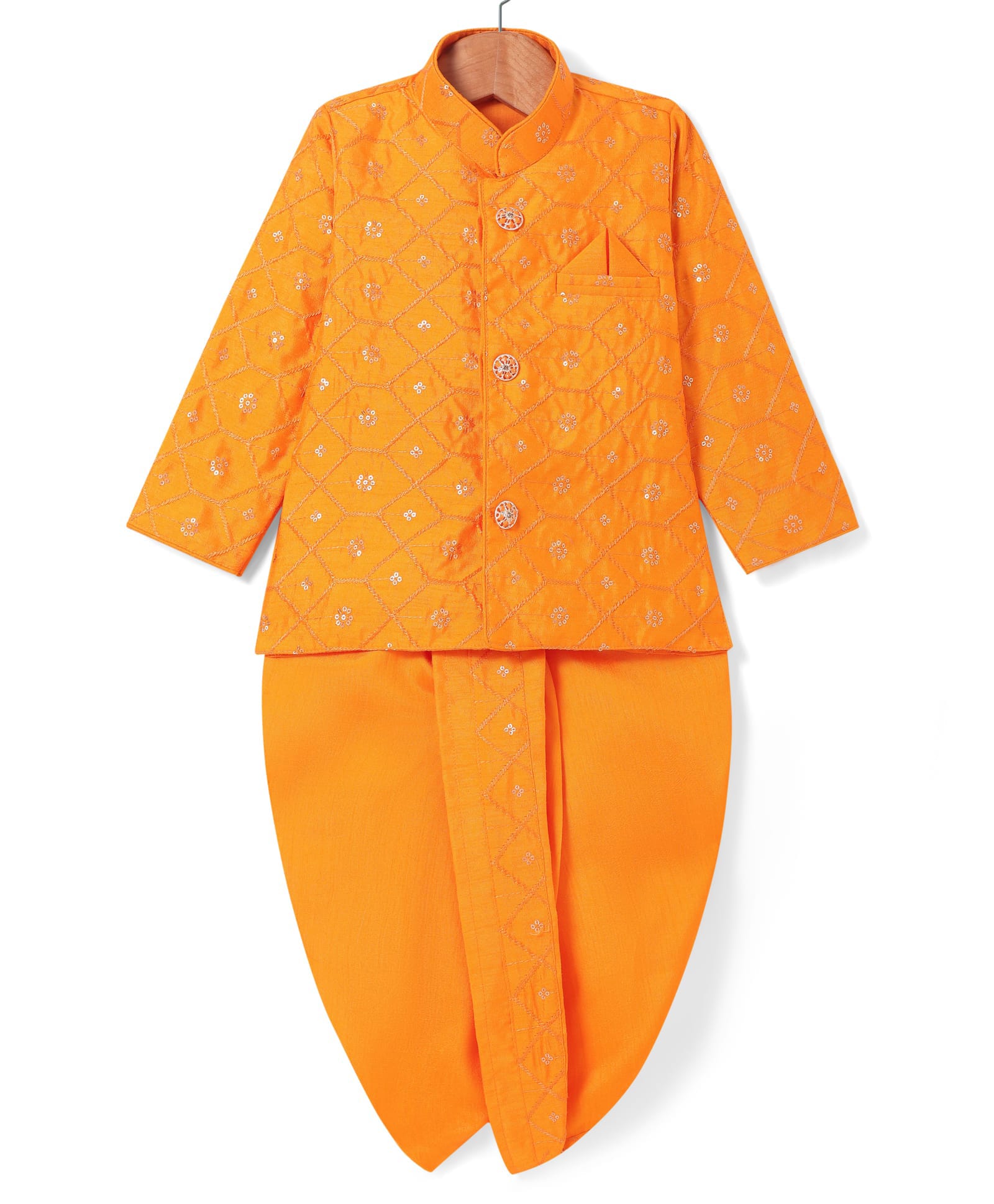 Ridokidz Cotton Woven Full Sleeves Kurta Dhoti Set with Sequin Detailing & Embroidery - Orange-picture-20