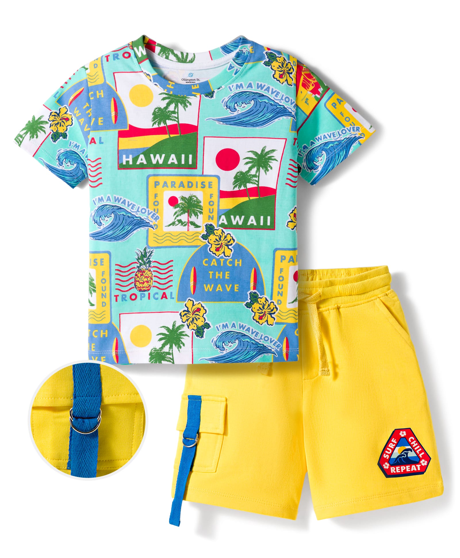 OLLINGTON ST. Cotton Knit Half Sleeves T-Shirt With Hawaii Print & Shorts Set - Multicolour & Yellow-picture-36