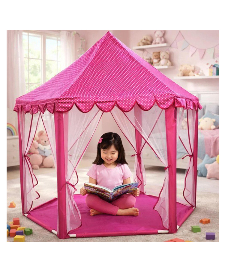 BabyGo Kids Prince Princess Castle Theme Play Tent with Mosquito Net Design for Kids (Pink) (140cm x 135cm x 70cm)-picture-16