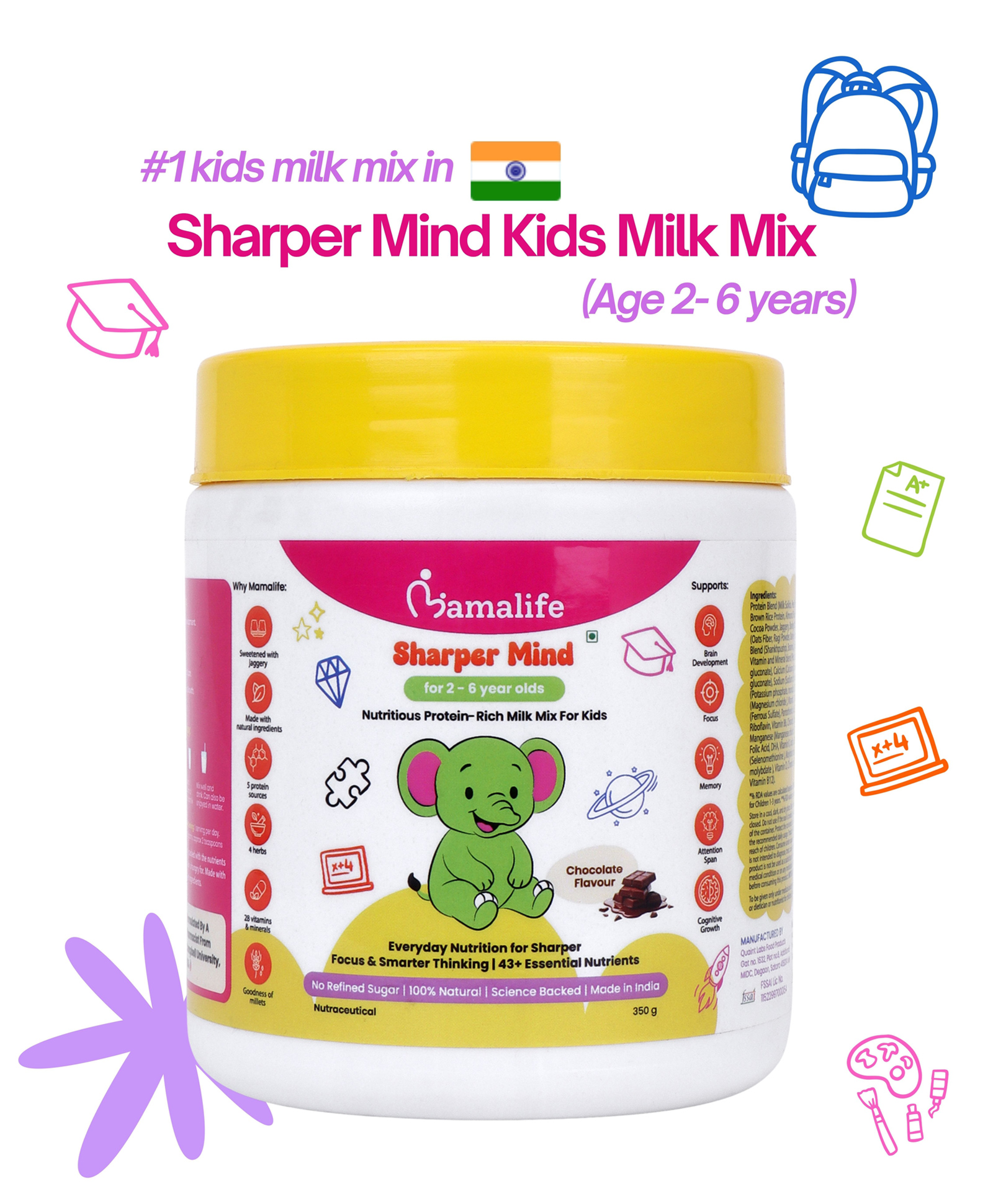 Mamalife Sharper Mind Kids Milk Mix, Chocolate Flavour, 2 to 6 Years, No Refined Sugar, Focus and Memory Support, Cognitive Development, ICMR Recommended Formula, 46+ Nutrients, 350g-image-7