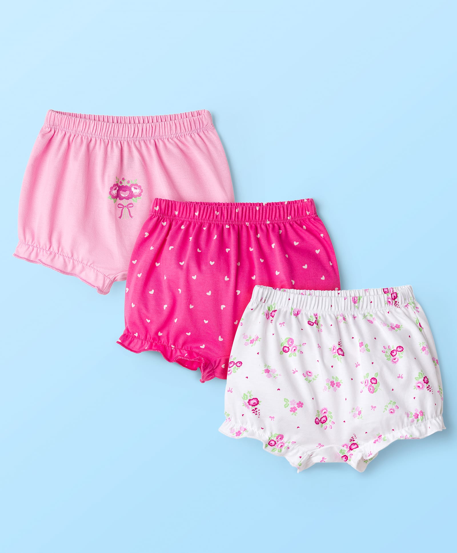 Babyhug 100% Cotton Knit Bloomers with Floral & Heart Print Pack of 3 - Pink & White
