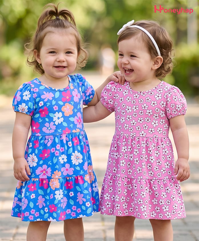 Honeyhap Premium 100% Cotton Knit With Bio Finish Half Sleeves Frocks with Floral Print Pack of 2 - Bonnie Blue & Prism Pink-image-47