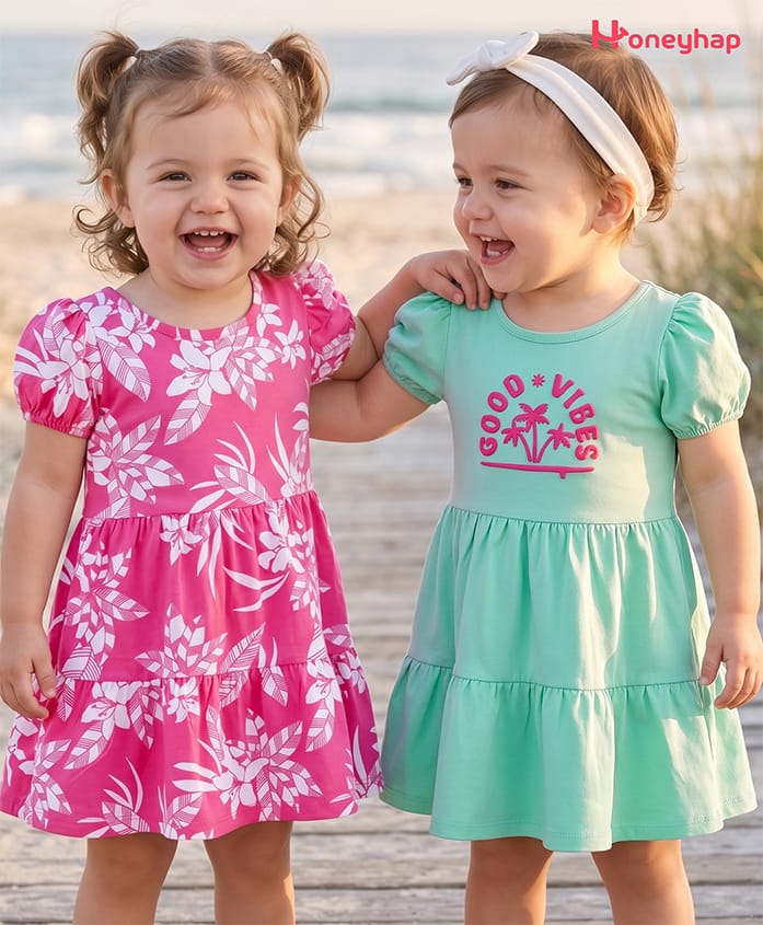 Honeyhap Premium 100% Cotton Knit With Bio Finish Half Sleeves Frocks With Tropical Print Pack of 2 - Geranium Pink & Beach Glass-picture-30