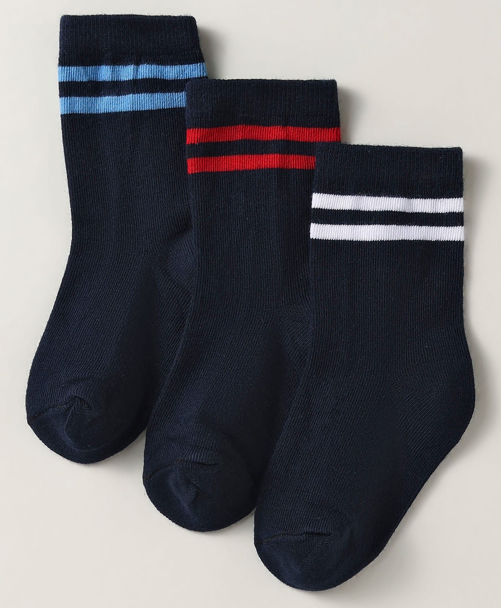 Kookie Kids Non Terry Cotton Knit Ankle Length Socks With Stripes Pack of 3 - Navy Blue-image-28