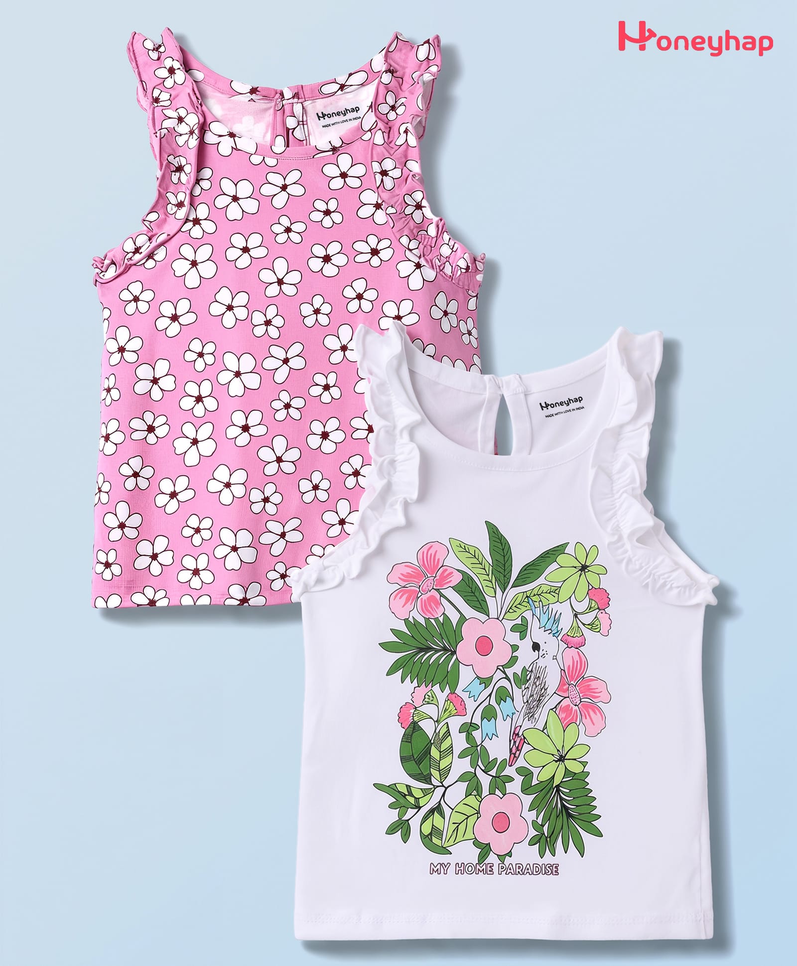 Honeyhap Premium Cotton Knit Sleeveless Tops Round Neck Floral Print Pack of 2 with Bio Finish - Bright White & Prism Pink-picture-18