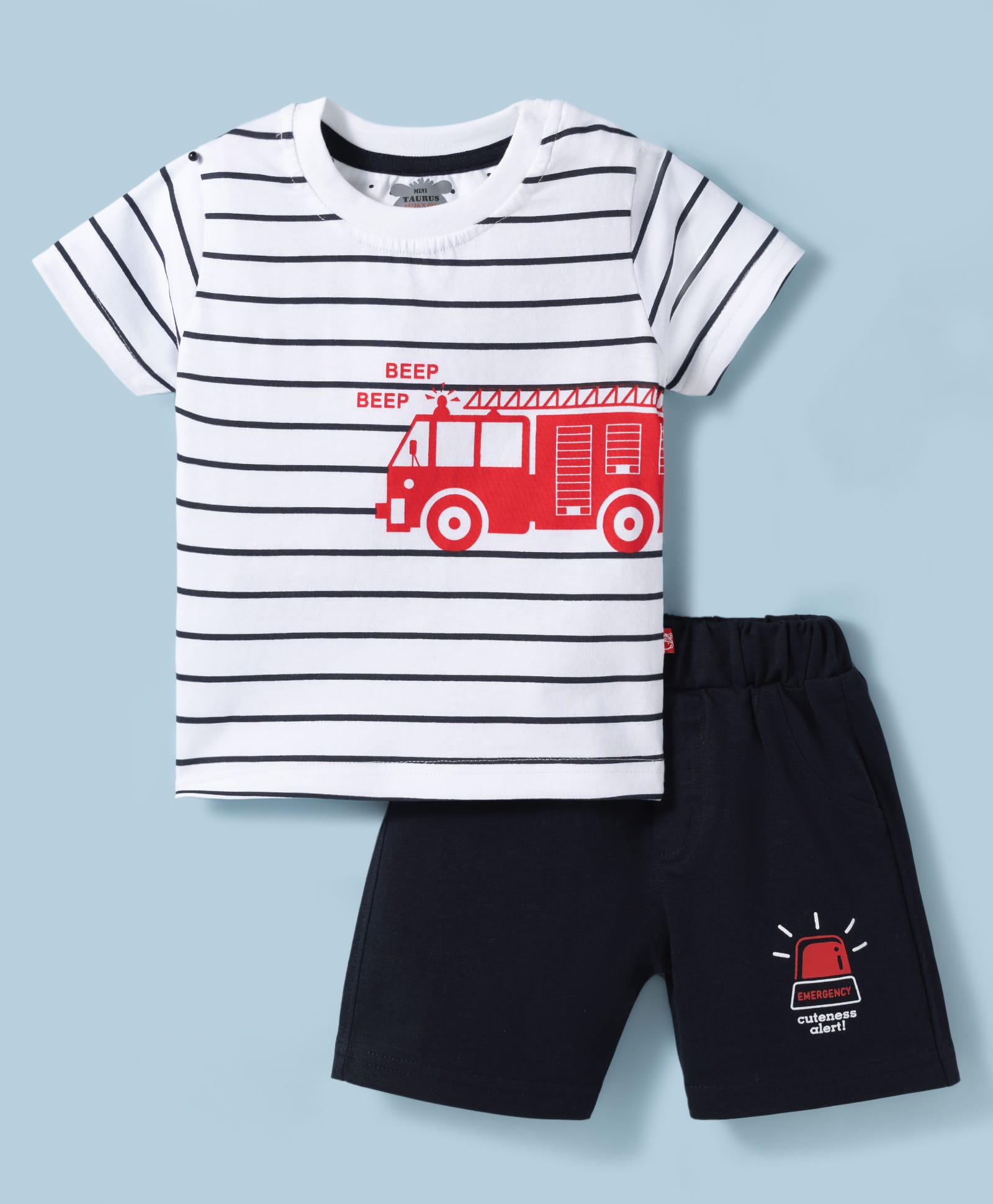Mini Taurus Sinker Knit Half Sleeves T-Shirt & Shorts Set With Fire Brigade Print - Blue-picture-8